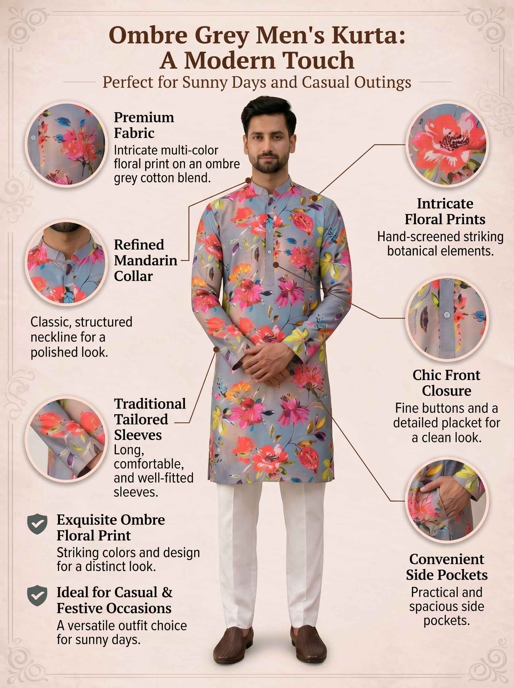Aespen Ombre Grey Crepe Kurta For Men With Floral Motif