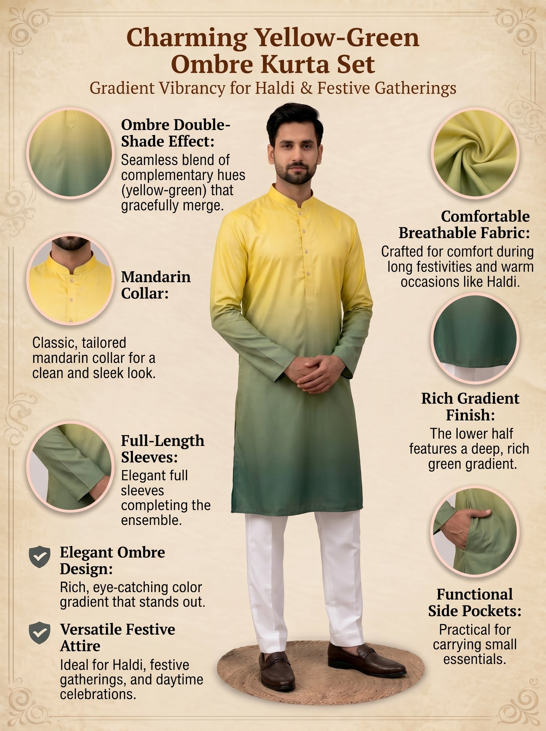 Aespen Yellow and Green Ombre Kurta For Men - Aespenfashion.com