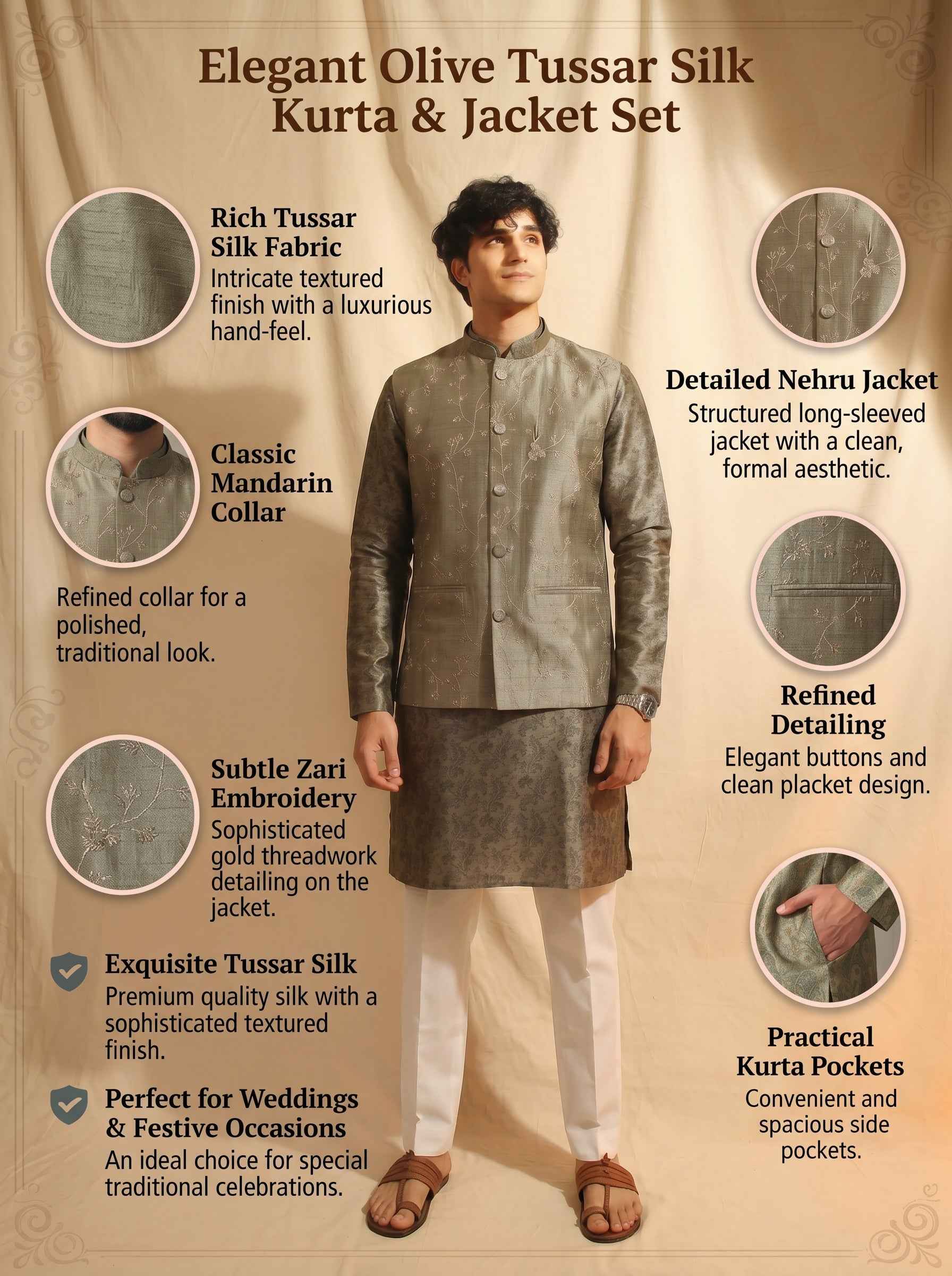 Aespen Olive Tussar Silk Kurta Jacket Set For Men With Zari Embroidery