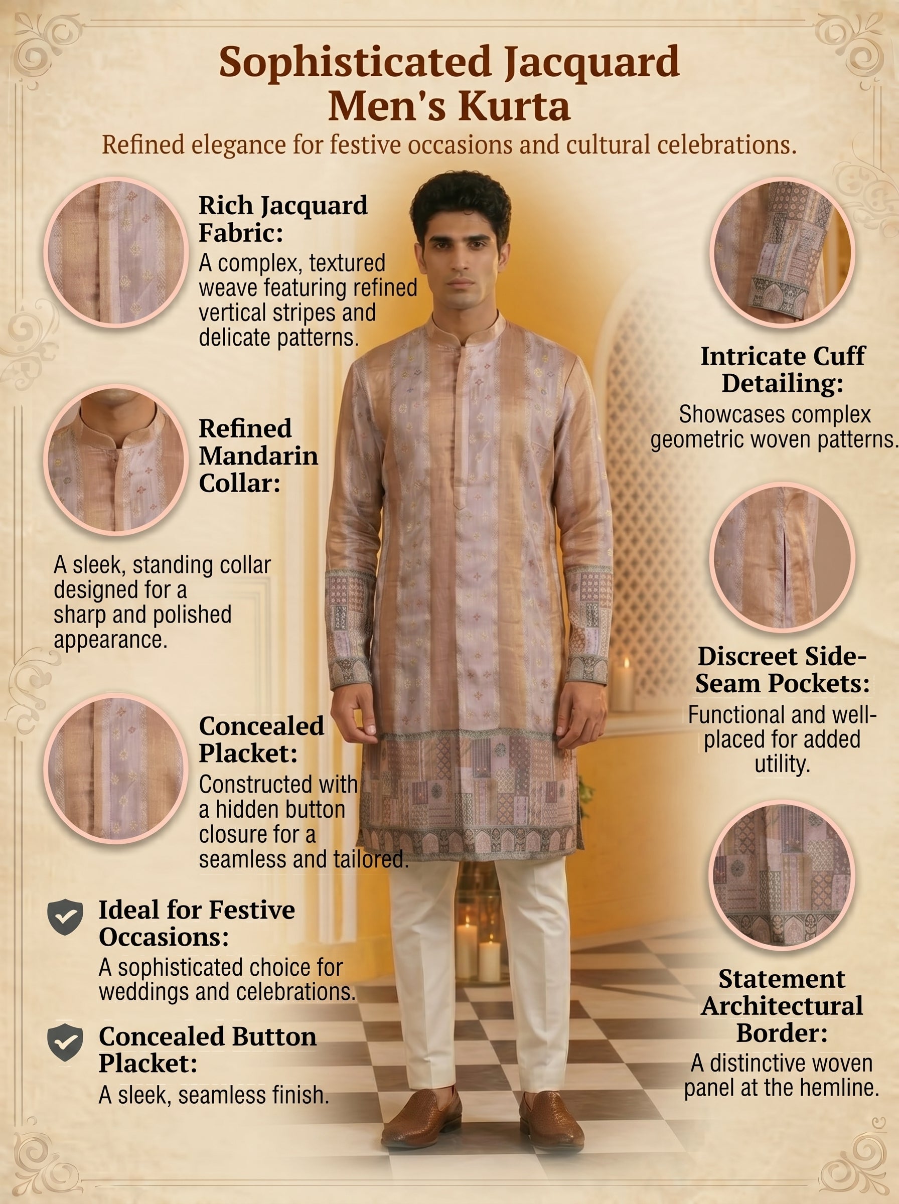 Aespen Beige Jacquard Kurta For Men With Floral Zari Embroidery - Aespenfashion.com