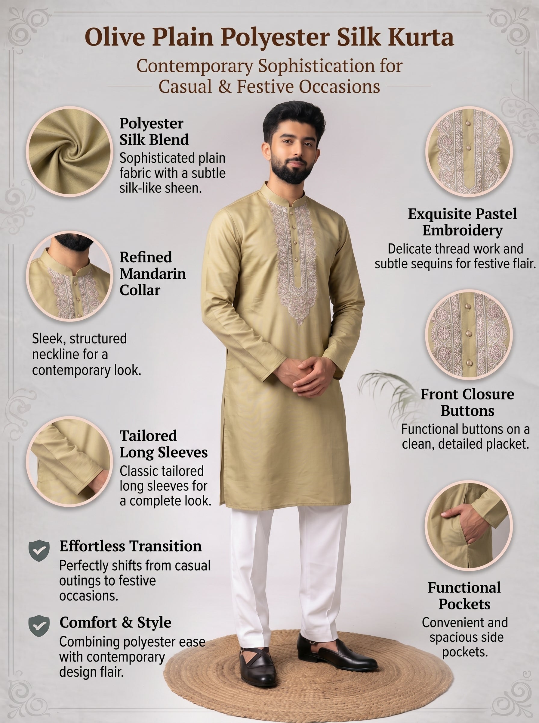 Aespen Olive Silk Kurta For Men With Thread and Sequins Embroidery - Aespenfashion.com