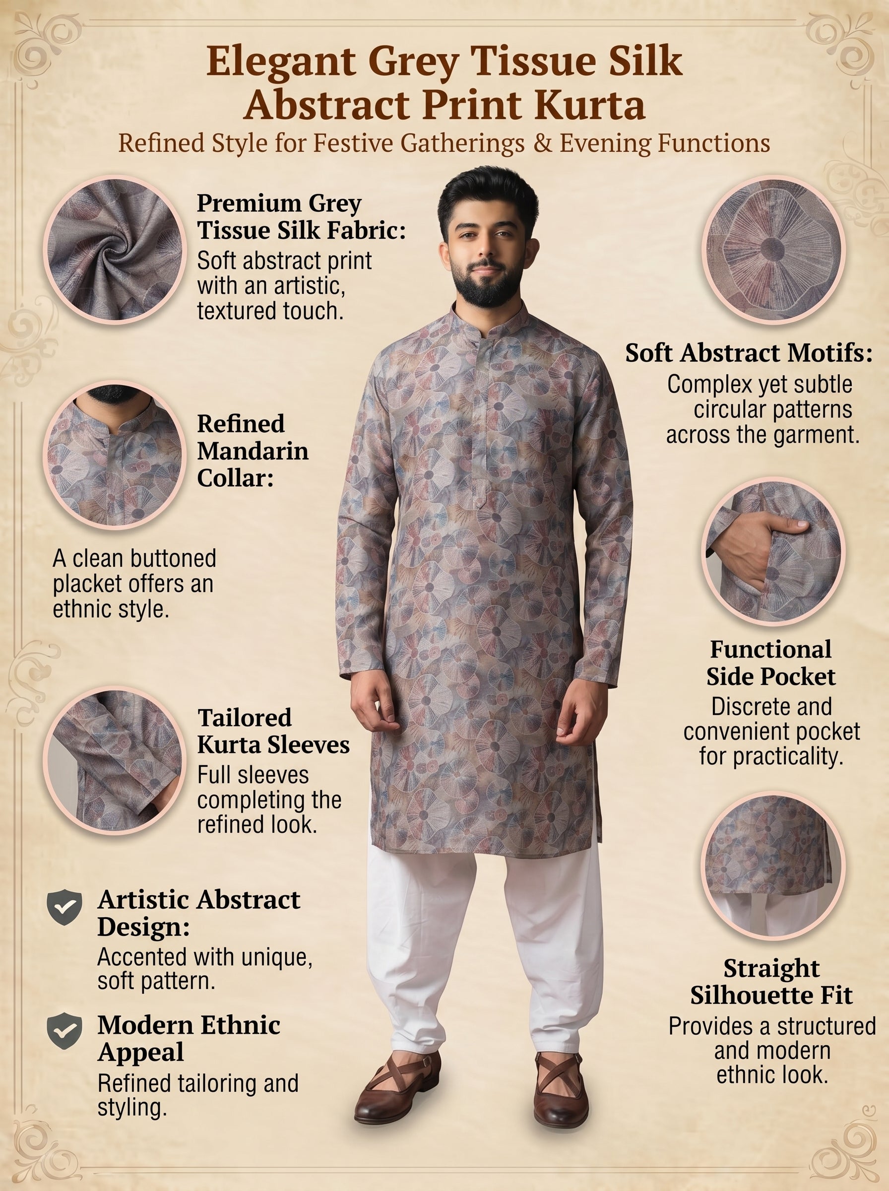 Aespen Grey Tissue Silk Kurta For Men With Abstract Motif - Aespenfashion.com