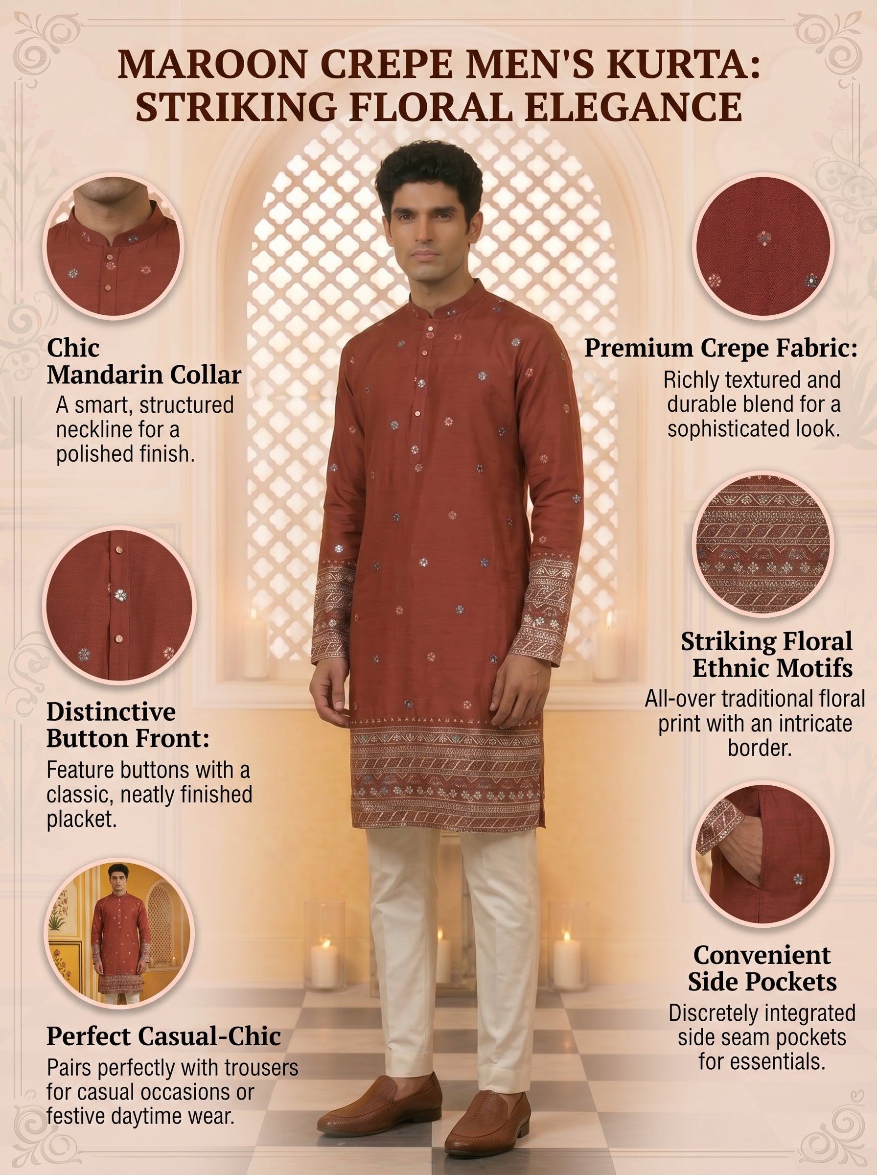 Aespen Maroon Kurta For Men With Thread and Sequins Embroidery - Aespenfashion.com