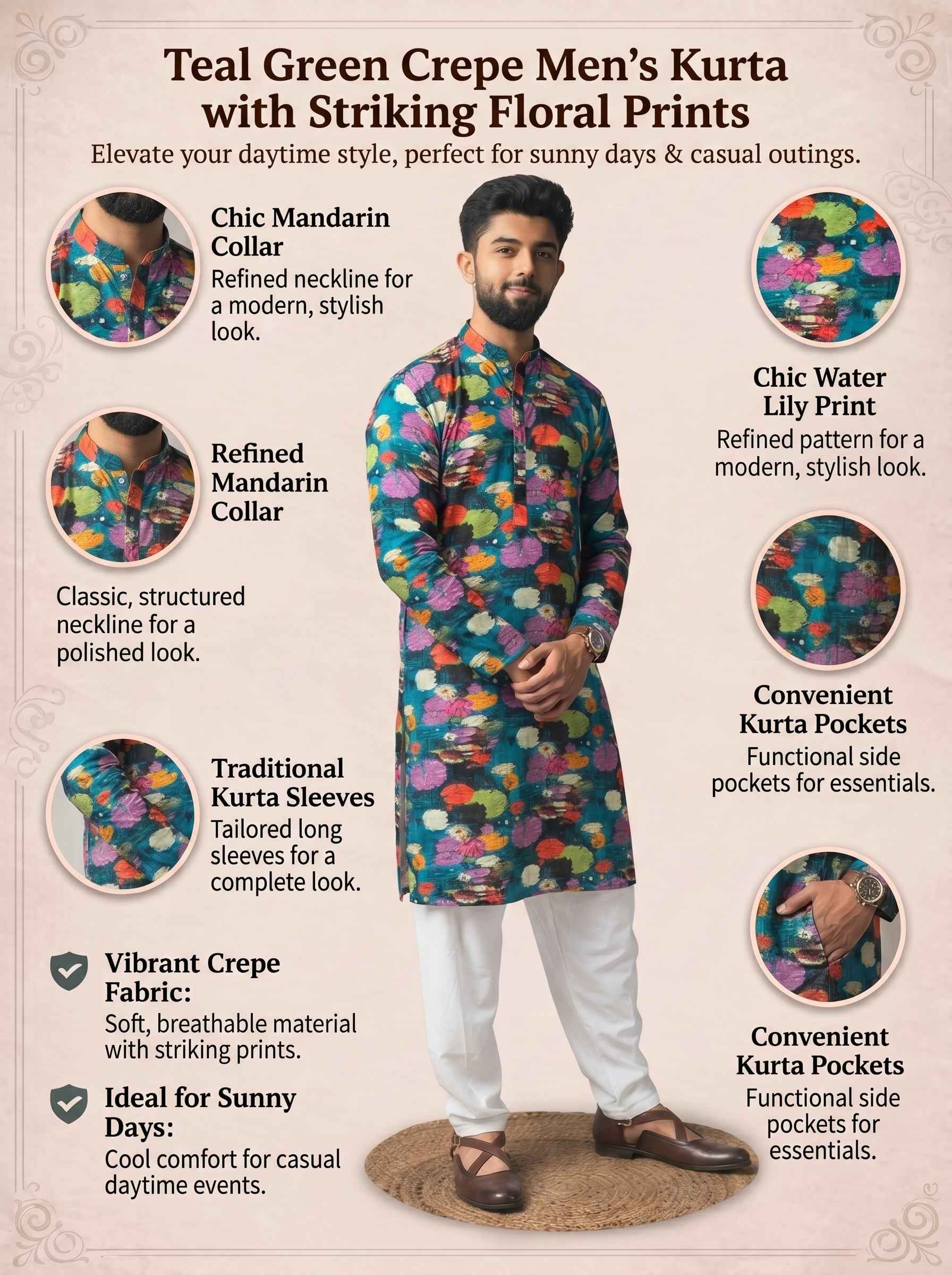 Aespen Teal Green Crepe Kurta For Men With Floral Motif