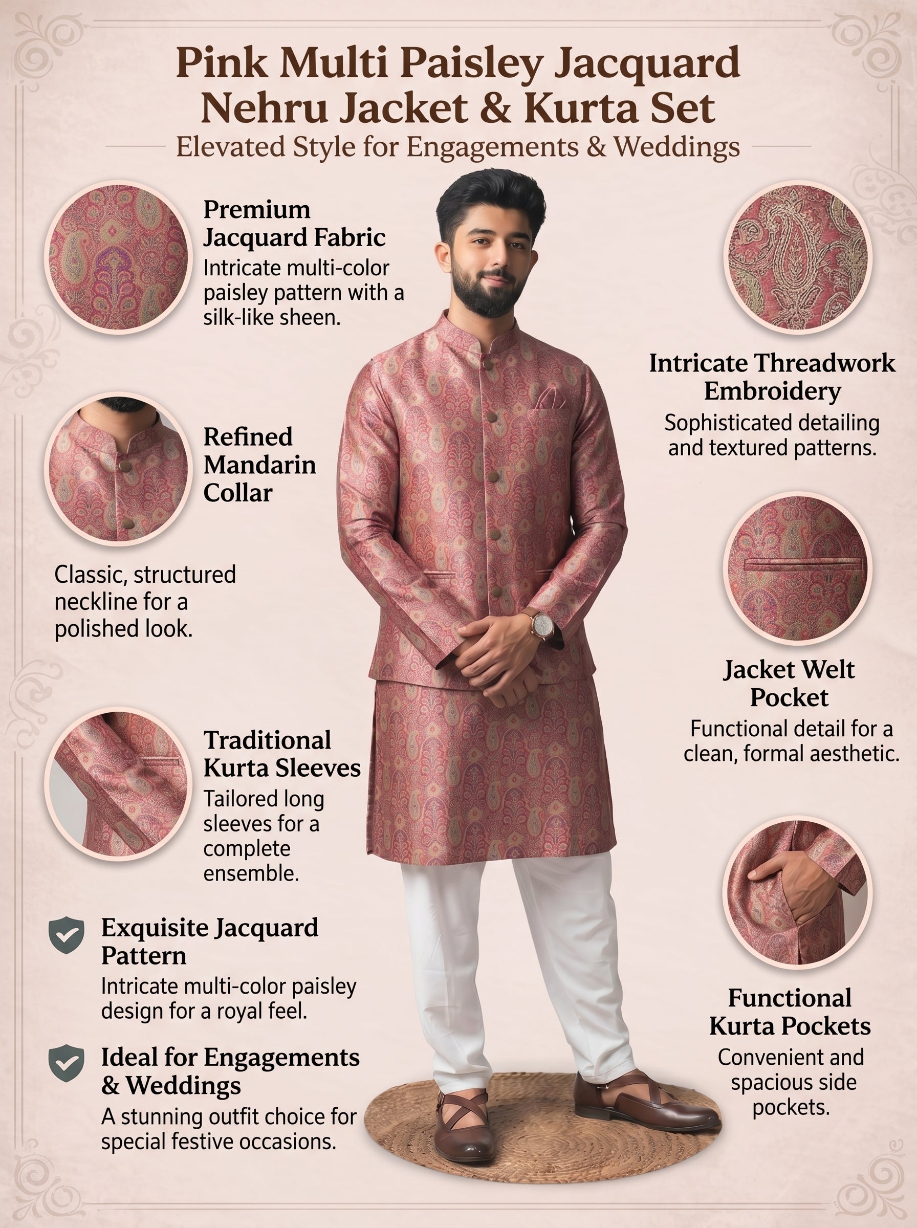 Aespen Multi Jaquard Kurta Jacket Set For Men With Printed Design - Aespenfashion.com