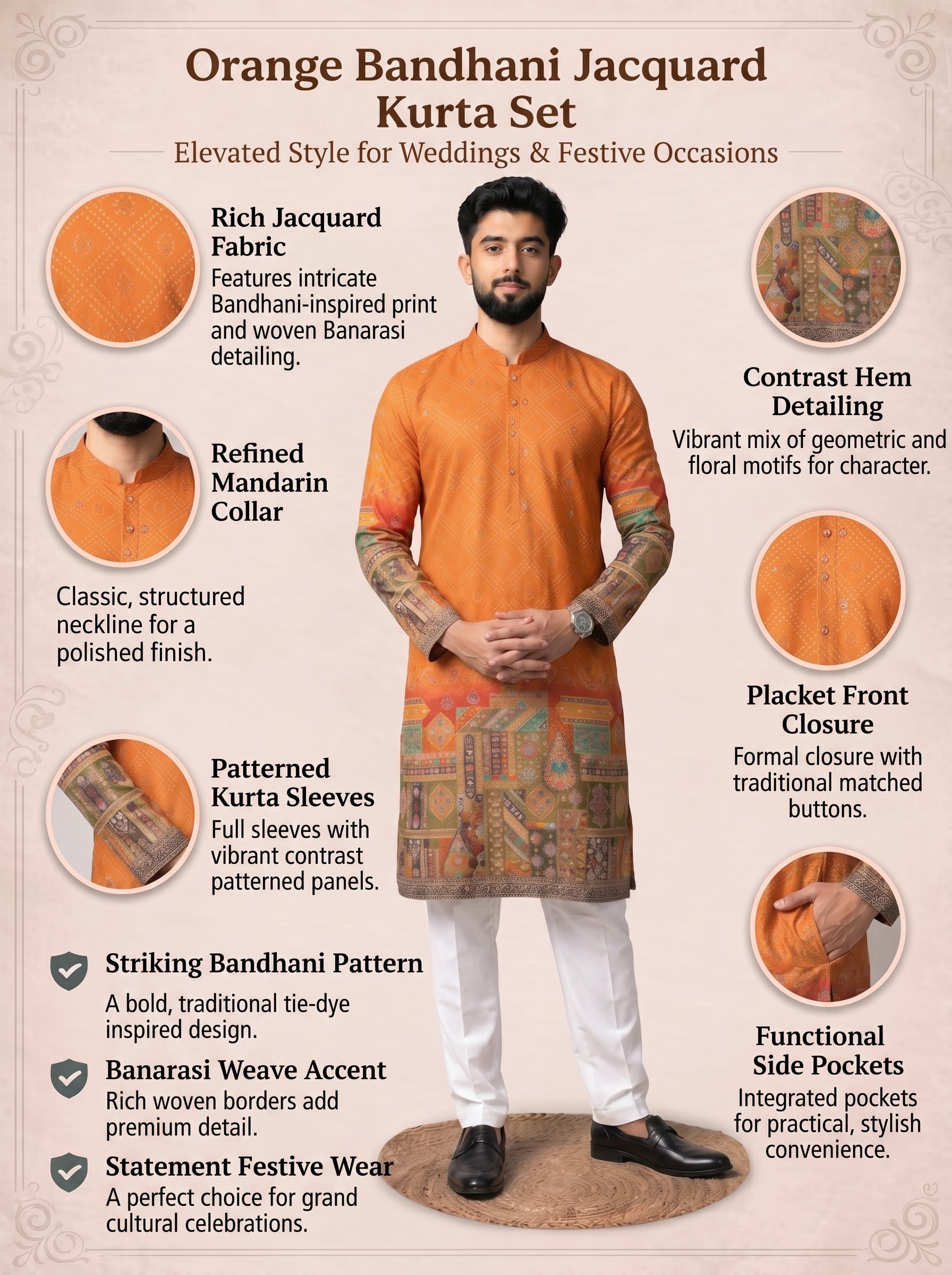 Aespen Mustard Jacquard Kurta For Men With Bandhani Print and Banarasi Weave - Aespenfashion.com