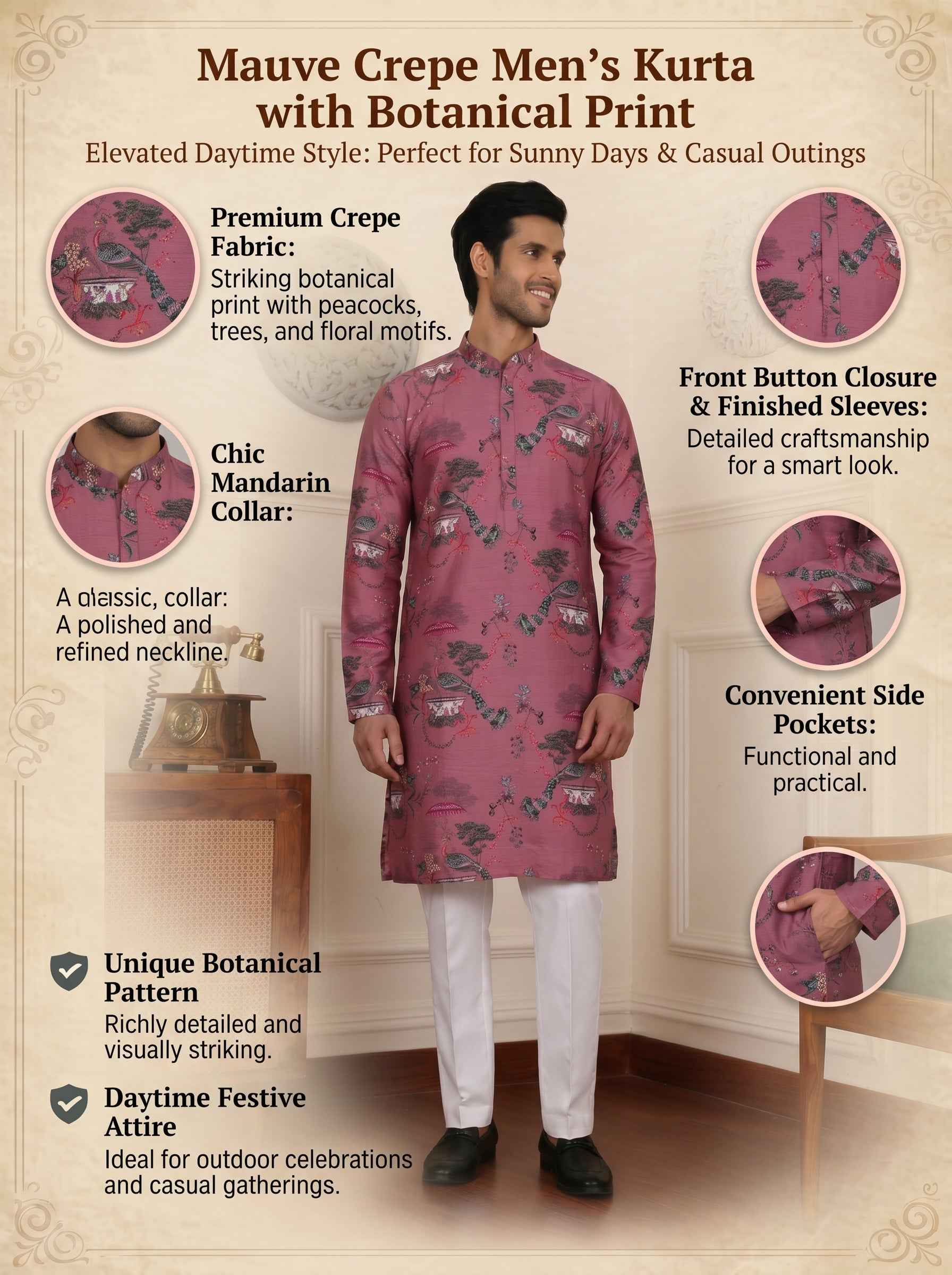 Aespen Mauve Crepe Kurta for Men with Botanical Print - Stylish and Comfortable Attire