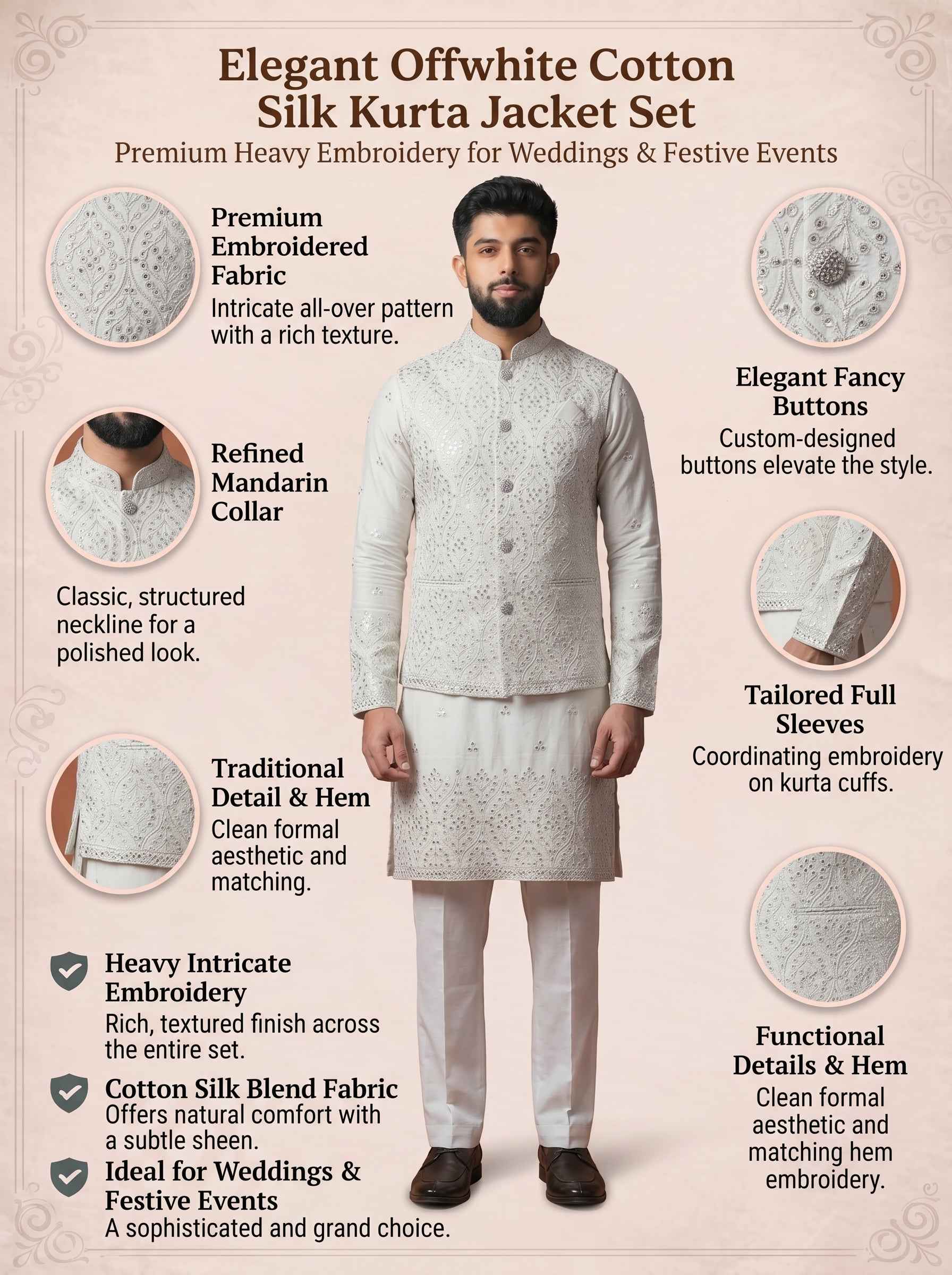 Aespen Offwhite Cotton Silk Kurta Jacket Set For Men With Sequins Embroidery