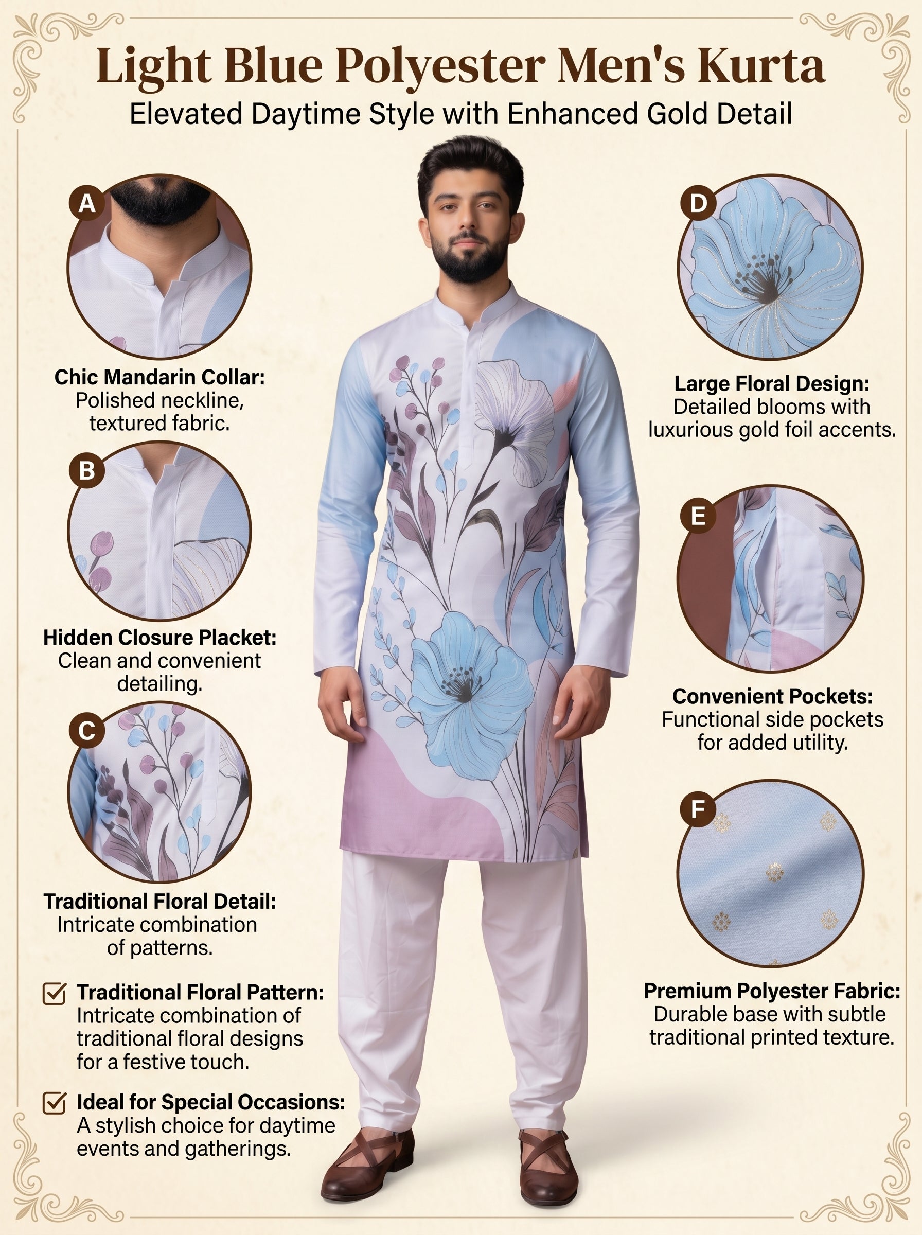 Aespen Light Blue  Kurta For Men With Floral Foil Print - Aespenfashion.com