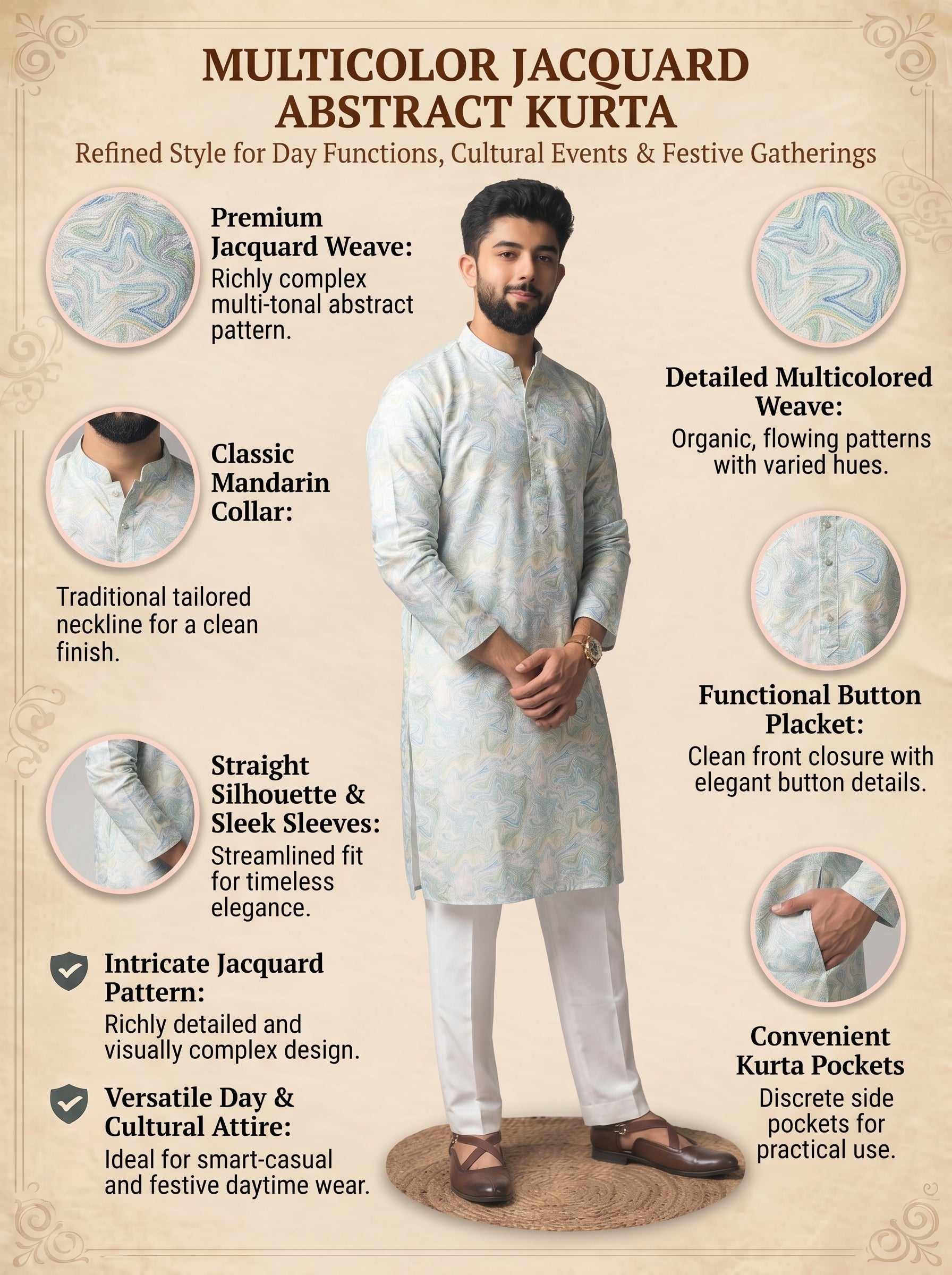 Aespen MultiColor Jacquard Kurta For Men With Abstract Print - Aespenfashion.com