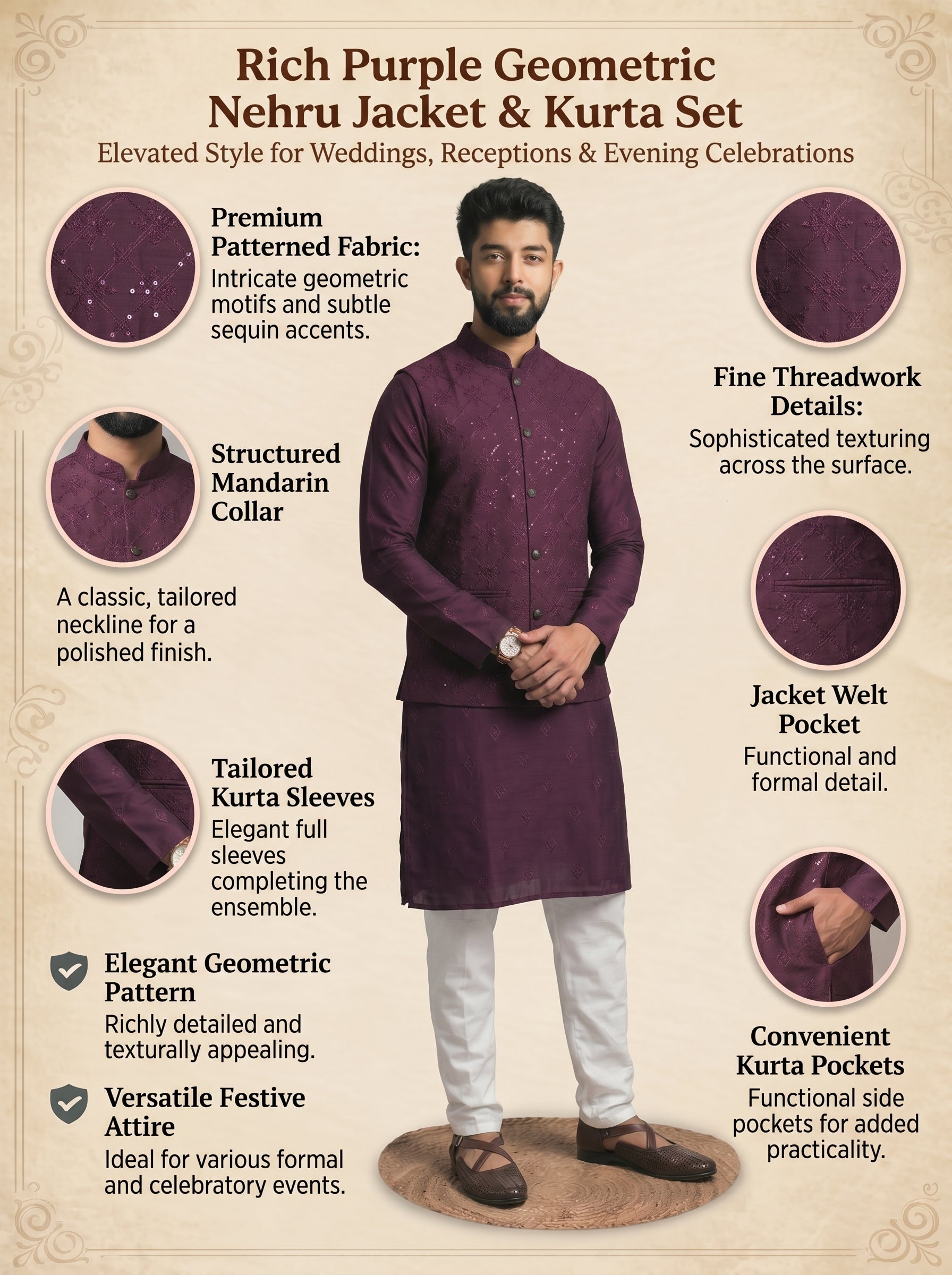 Aespen Purple Lurex Cotton Kurta Jacket Set For Men With Thread And Sequins Embroidery - Aespenfashion.com