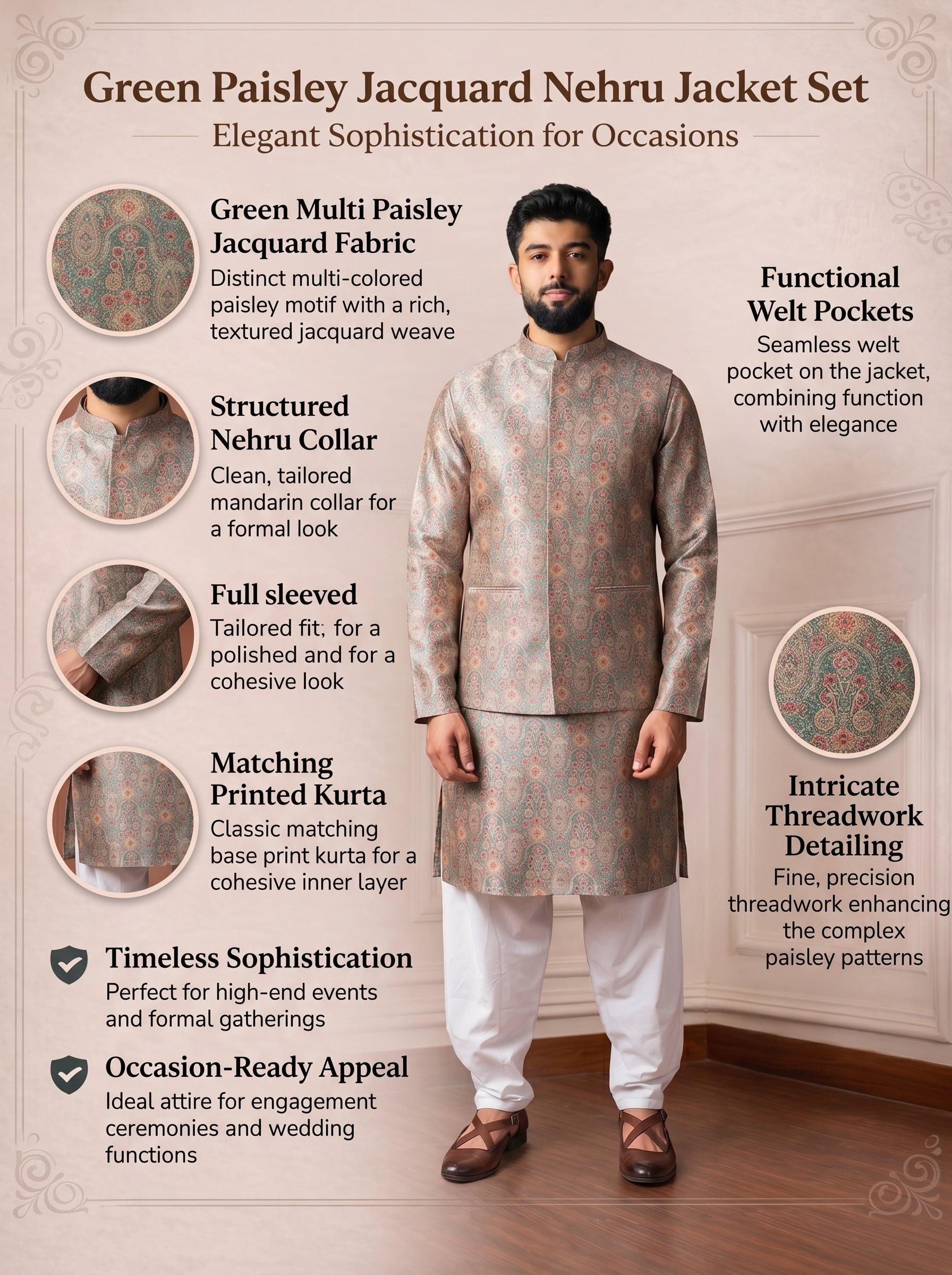 Aespen Green Multi Jaquard Kurta Jacket Set For Men With Printed Design - Aespenfashion.com