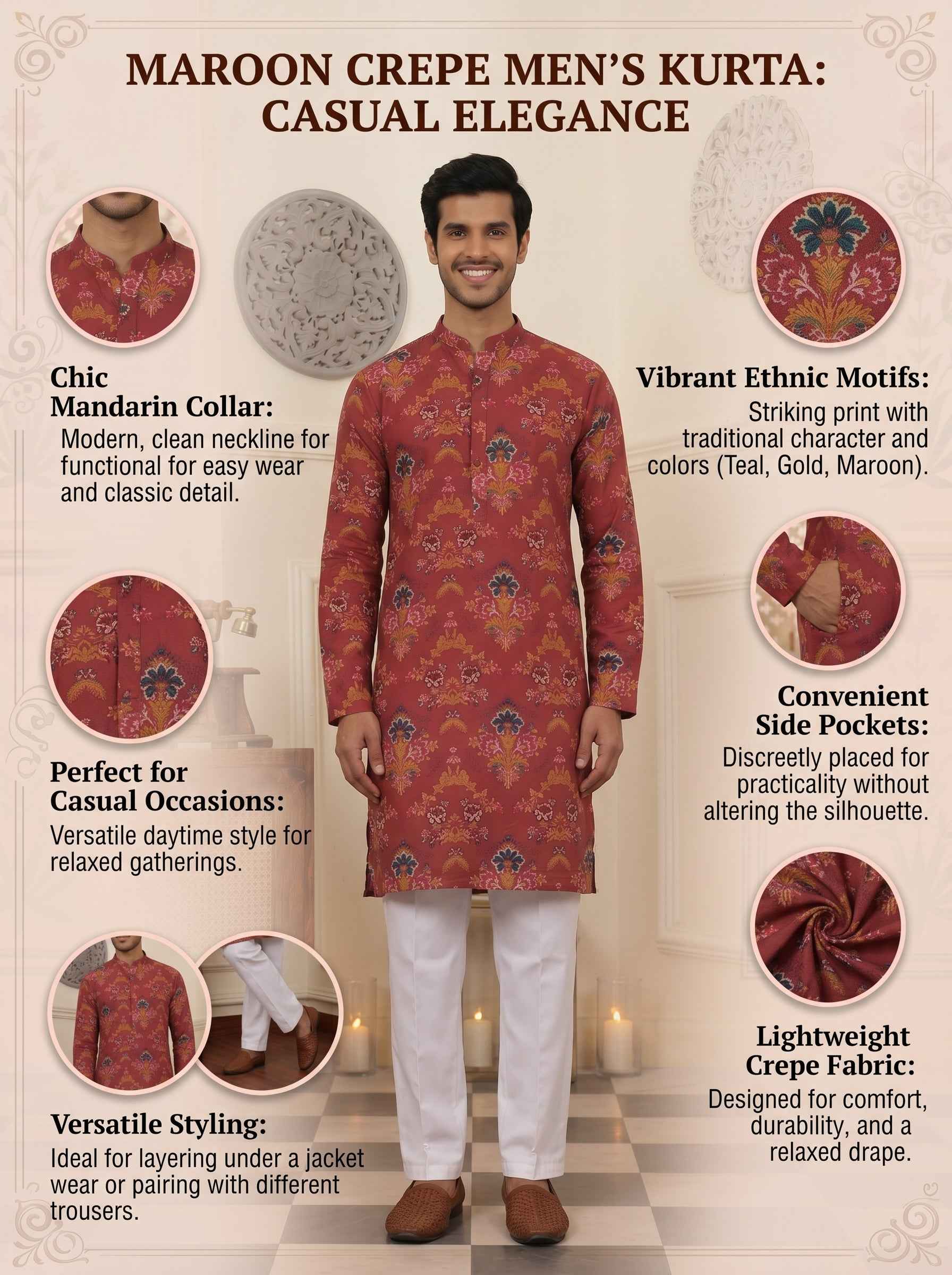 Aespen Maroon Crepe Kurta For Men With Ethnic Motif