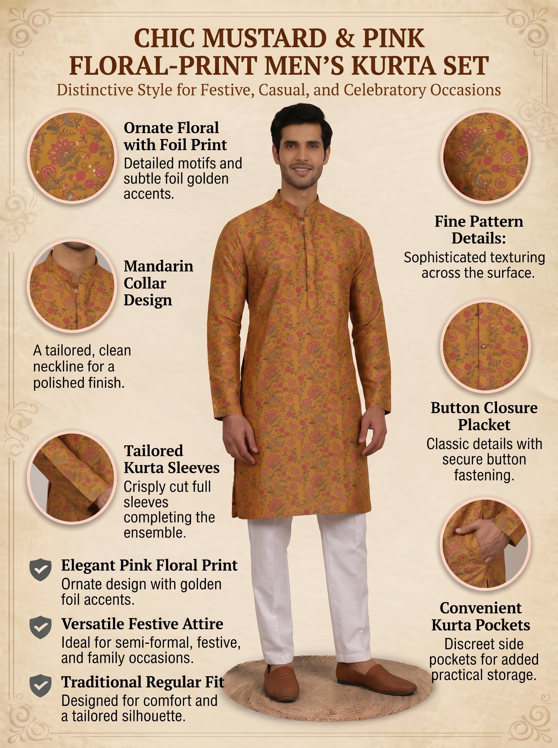 Aespen Mustard Cotton Silk Kurta For Men With Printed Ethnic Motif - Aespenfashion.com