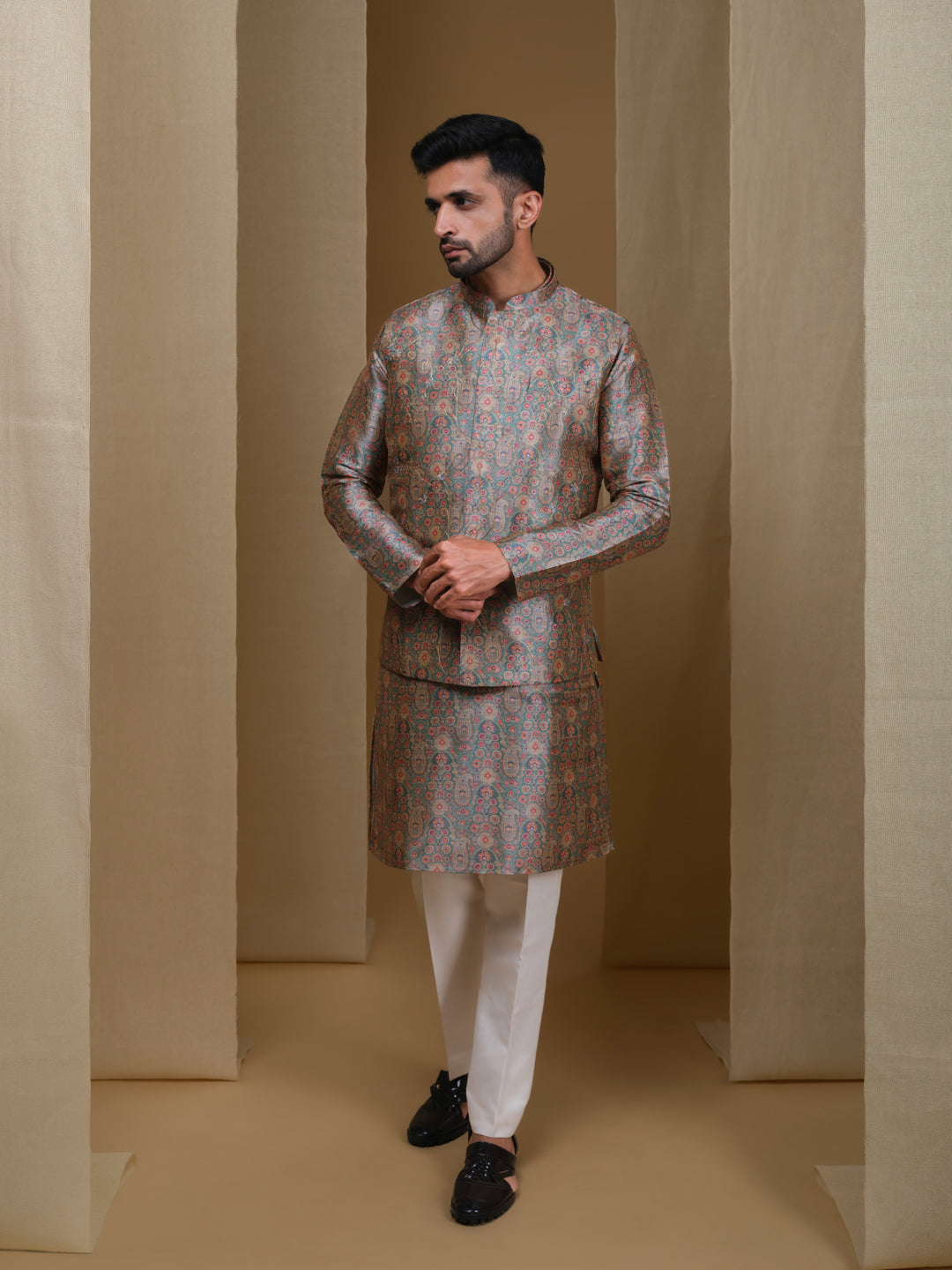 Aespen Green Multi Jaquard Kurta Jacket Set For Men With Printed Design--aespenfashion.com-Aespen Fashion