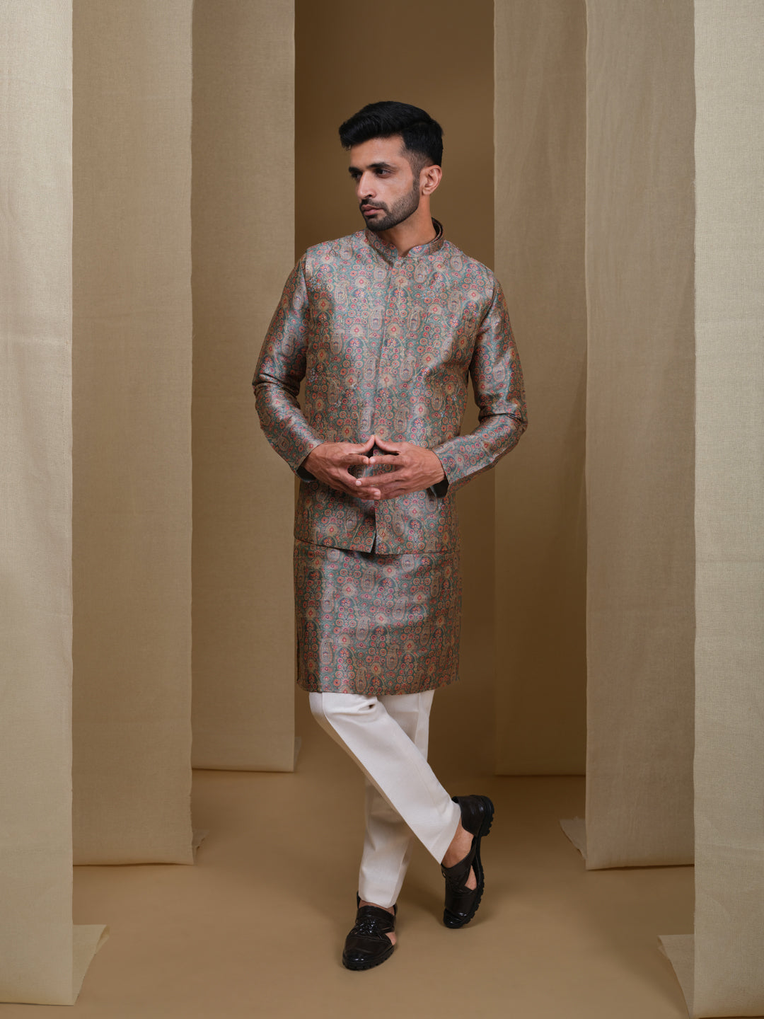Aespen Green Multi Jaquard Kurta Jacket Set For Men With Printed Design--aespenfashion.com-Aespen Fashion