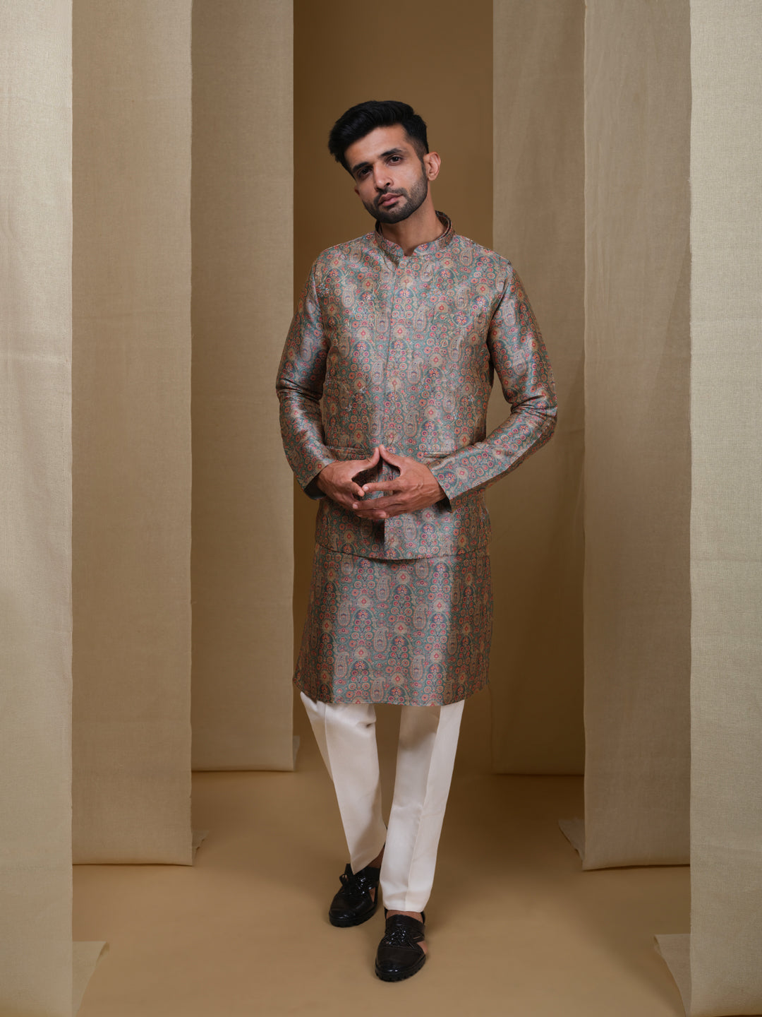 Aespen Green Multi Jaquard Kurta Jacket Set For Men With Printed Design--aespenfashion.com-Aespen Fashion
