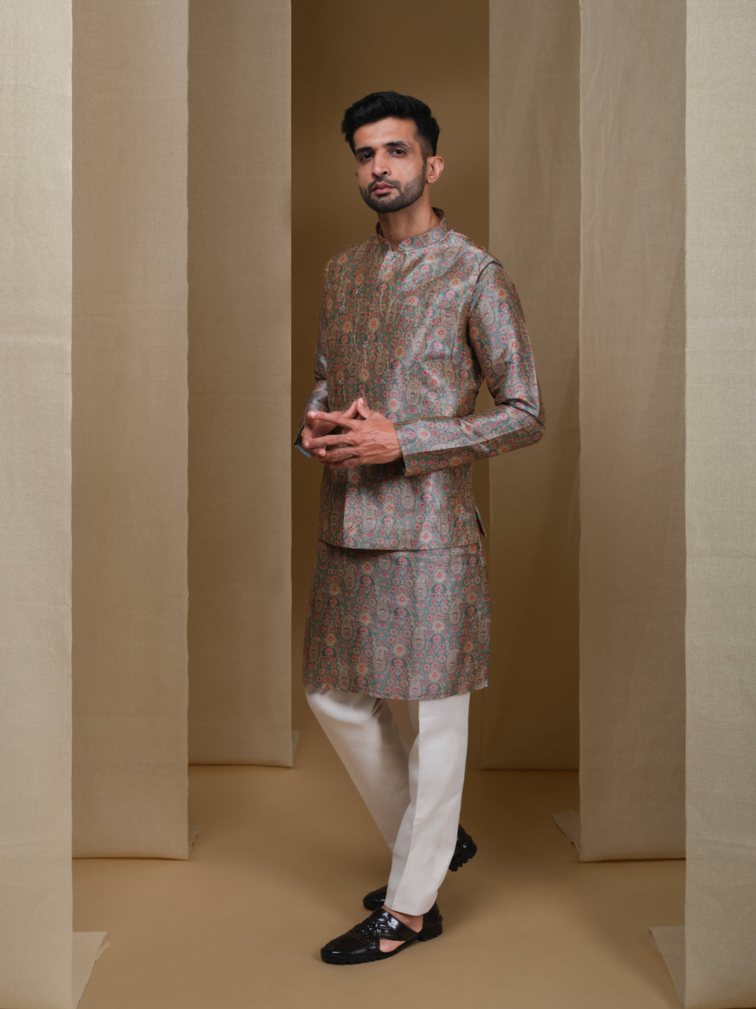 Aespen Green Multi Jaquard Kurta Jacket Set For Men With Printed Design--aespenfashion.com-Aespen Fashion