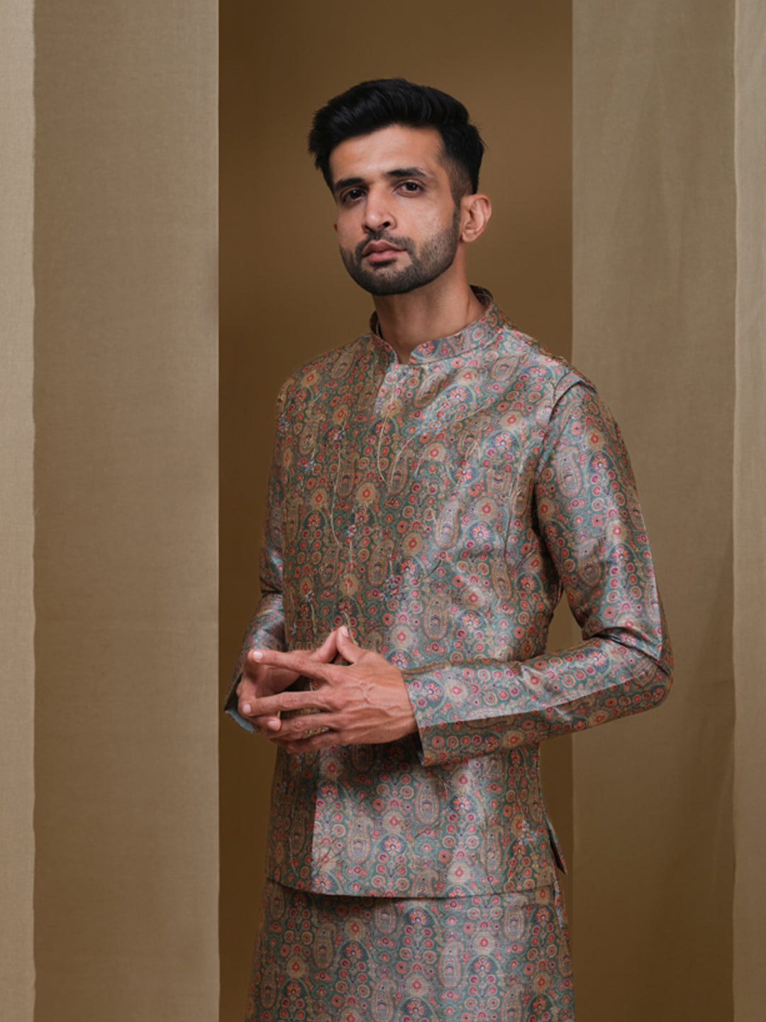 Aespen Green Multi Jaquard Kurta Jacket Set For Men With Printed Design--aespenfashion.com-Aespen Fashion