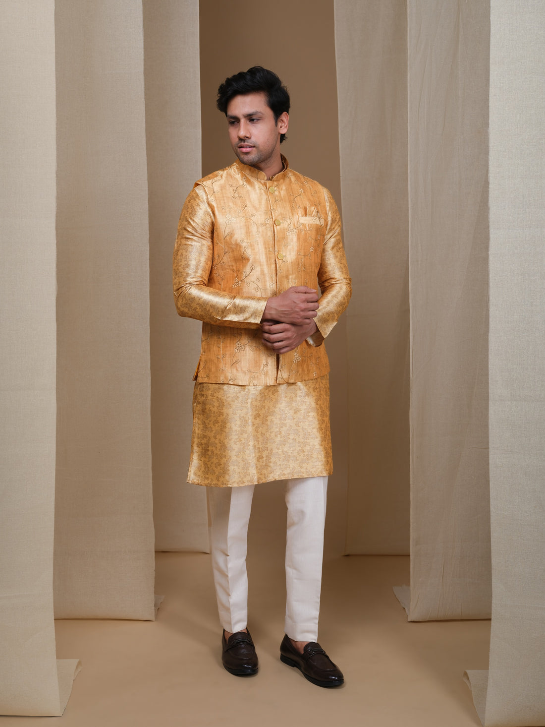 Aespen Mustard Tussar Silk Kurta Jacket Set For Men With Zari Embroidery - Aespenfashion.com