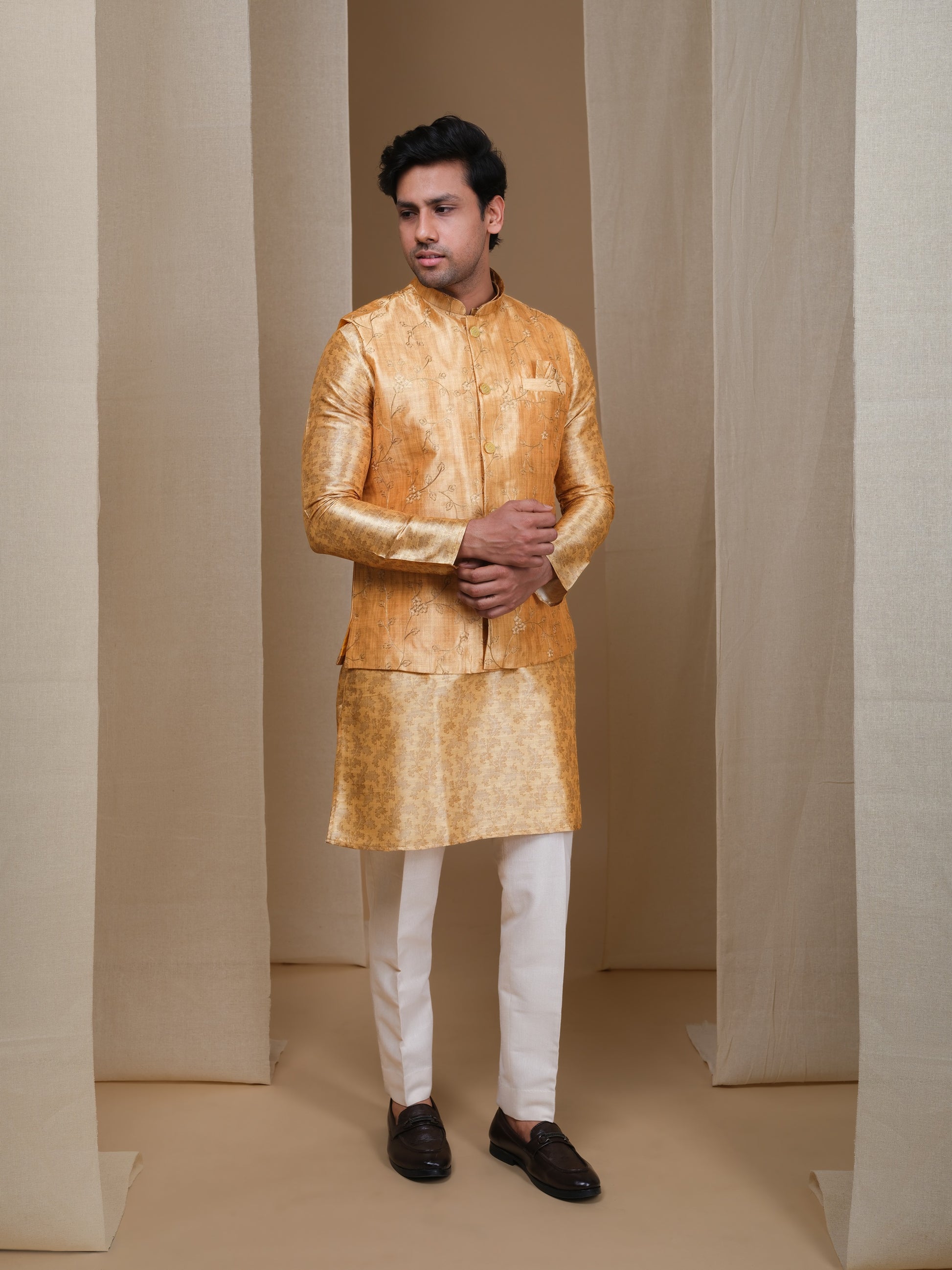 Aespen Mustard Tussar Silk Kurta Jacket Set For Men With Zari Embroidery - Aespenfashion.com