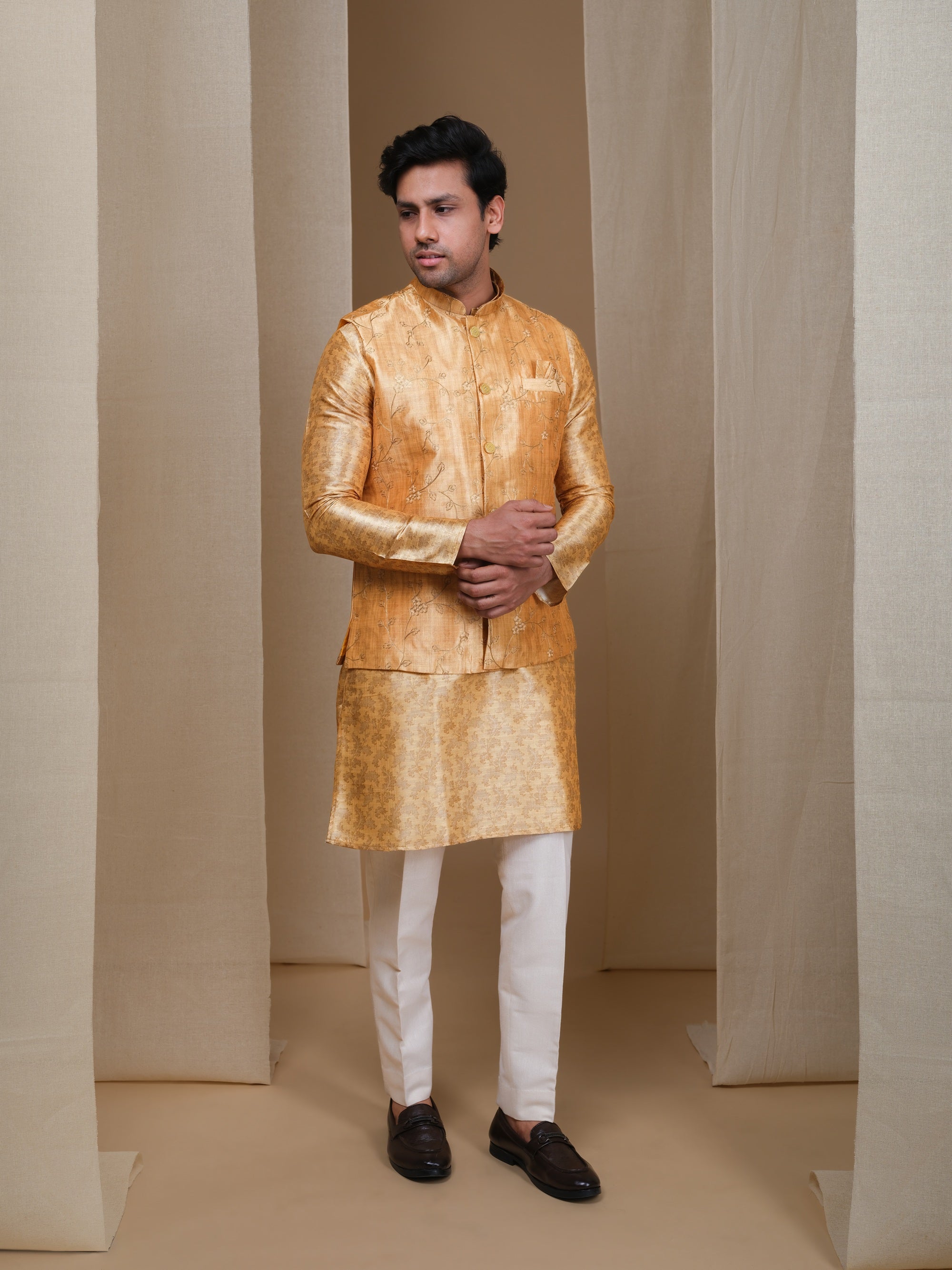 Aespen Mustard Tussar Silk Kurta Jacket Set For Men With Zari Embroidery - Aespenfashion.com