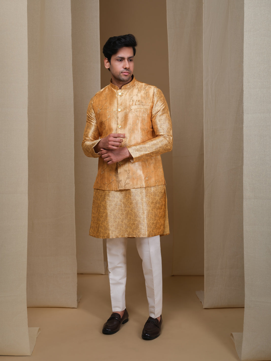 Aespen Mustard Tussar Silk Kurta Jacket Set For Men With Zari Embroidery - Aespenfashion.com