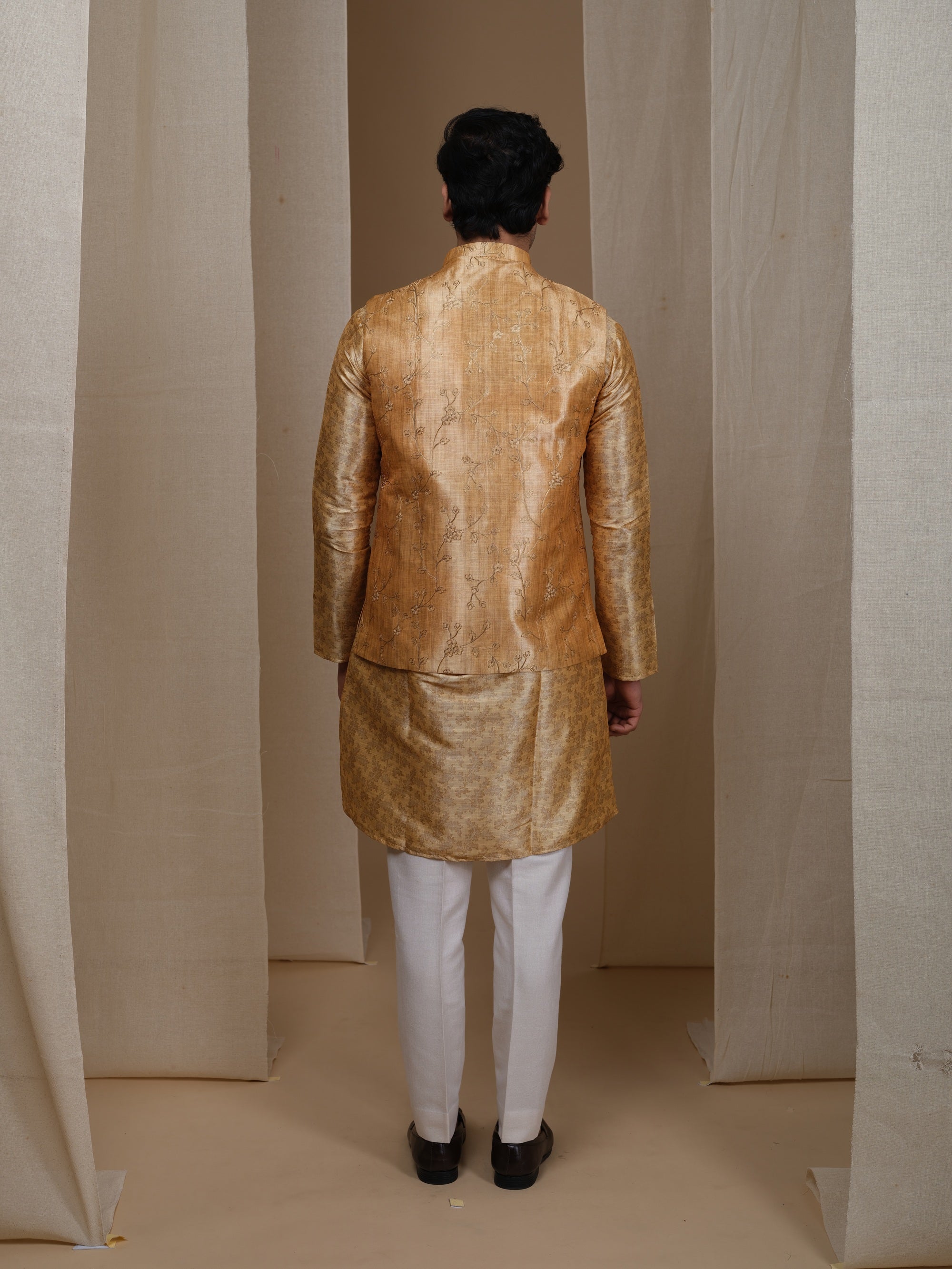 Aespen Mustard Tussar Silk Kurta Jacket Set For Men With Zari Embroidery - Aespenfashion.com
