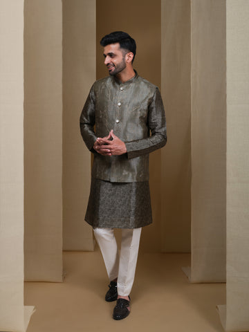 Aespen Olive Tussar Silk Kurta Jacket Set For Men With Zari Embroidery--aespenfashion.com-Aespen Fashion
