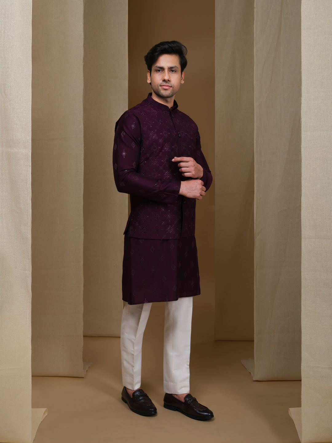 Aespen Purple Lurex Cotton Kurta Jacket Set For Men With Thread And Sequins Embroidery--aespenfashion.com-Aespen Fashion
