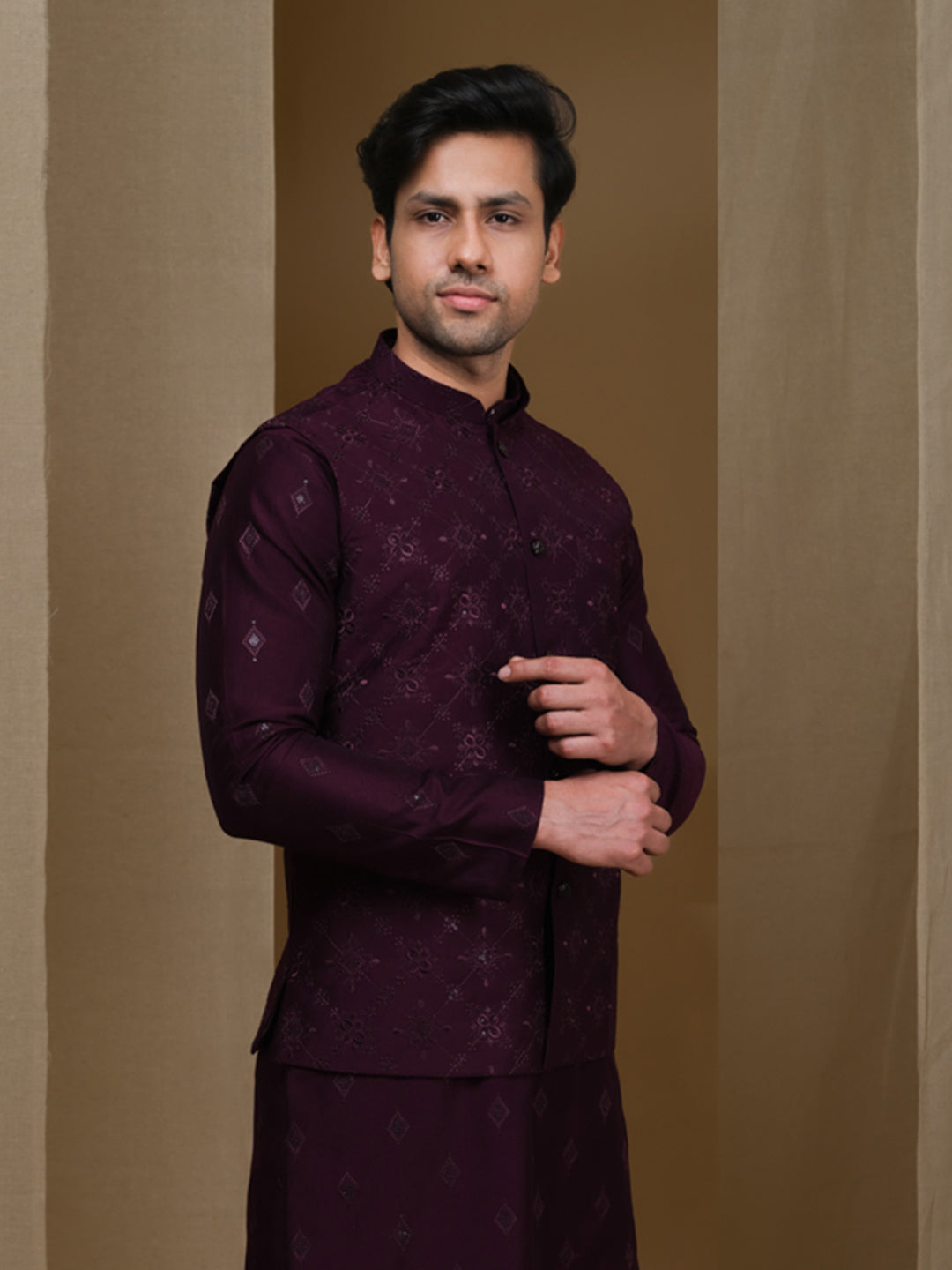 Aespen Purple Lurex Cotton Kurta Jacket Set For Men With Thread And Sequins Embroidery--aespenfashion.com-Aespen Fashion