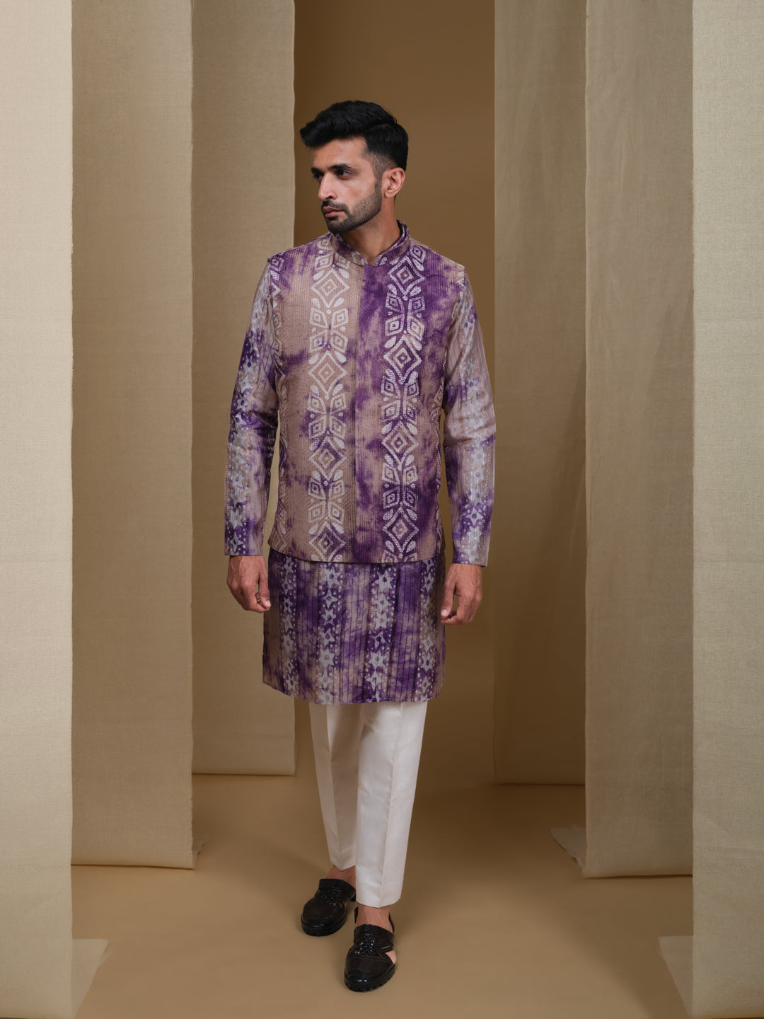Aespen Purple Tie-Dye Kurta Jacket Set For Men With Thread Embroidery--aespenfashion.com-Aespen Fashion