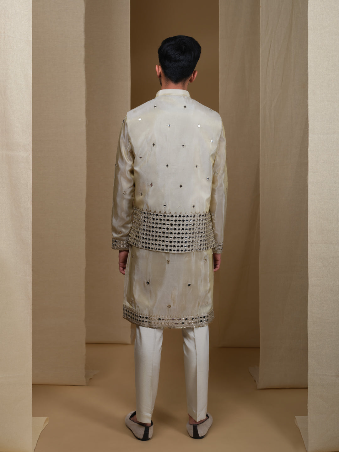 Aespen Beige Tissue Kurta Jacket Set For Men With Mirror Work Embroidery--aespenfashion.com-Aespen Fashion