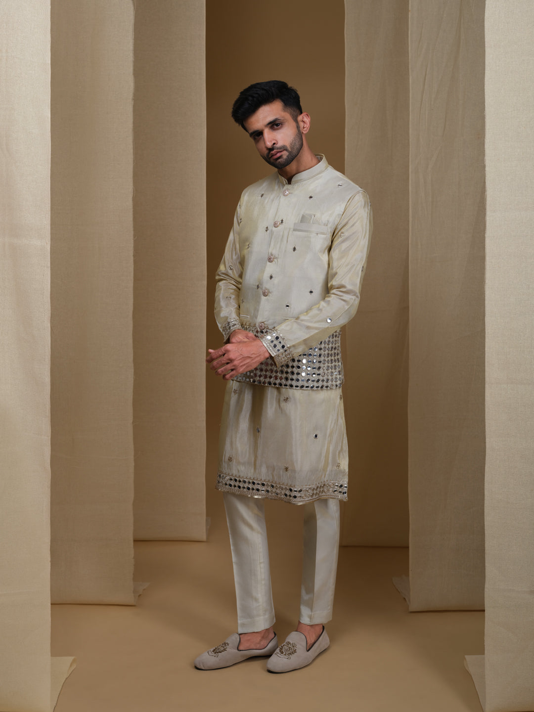 Aespen Beige Tissue Kurta Jacket Set For Men With Mirror Work Embroidery--aespenfashion.com-Aespen Fashion