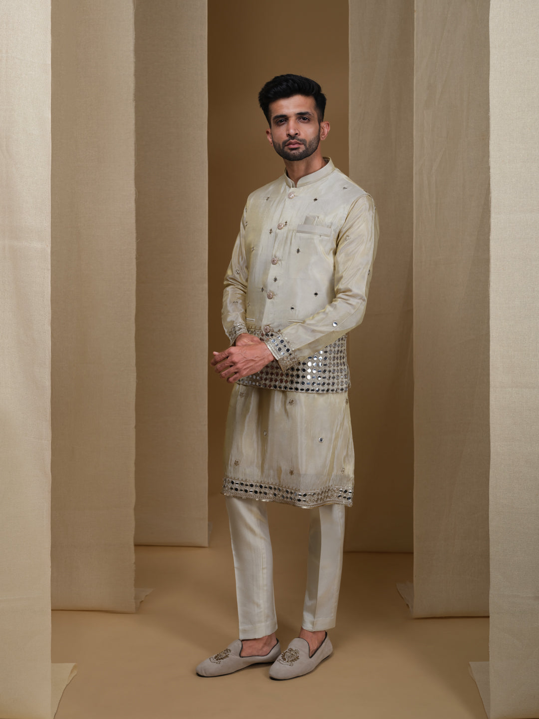 Aespen Beige Tissue Kurta Jacket Set For Men With Mirror Work Embroidery--aespenfashion.com-Aespen Fashion