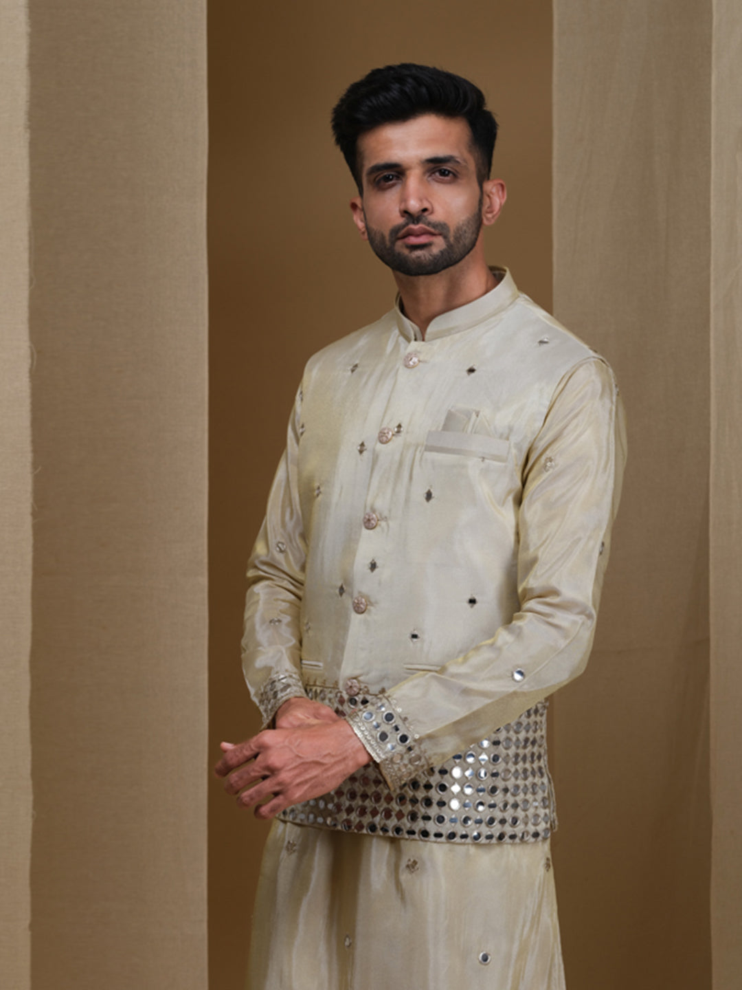 Aespen Beige Tissue Kurta Jacket Set For Men With Mirror Work Embroidery--aespenfashion.com-Aespen Fashion