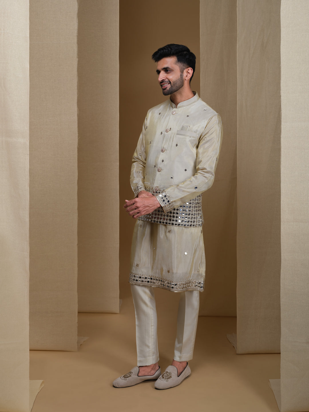 Aespen Beige Tissue Kurta Jacket Set For Men With Mirror Work Embroidery--aespenfashion.com-Aespen Fashion