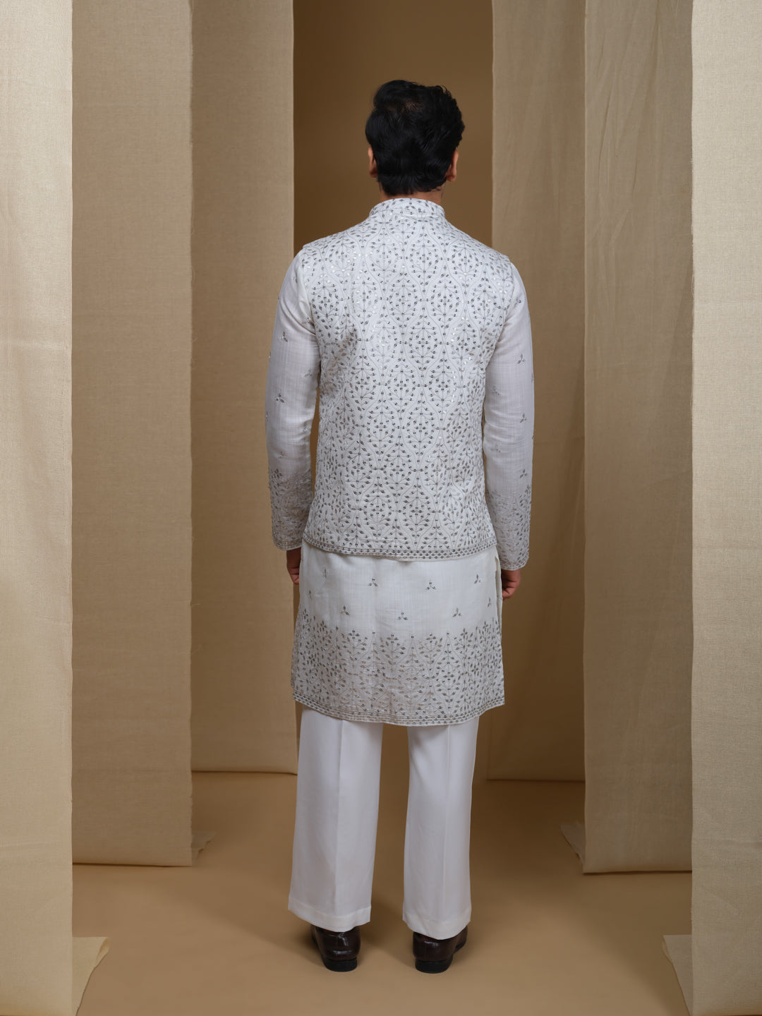 Aespen Offwhite Cotton Silk Kurta Jacket Set For Men With Sequins Embroidery--aespenfashion.com-Aespen Fashion