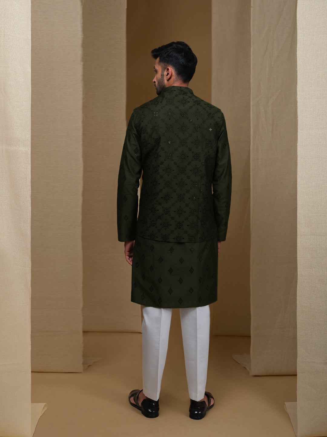 Aespen Olive Lurex Cotton Kurta Jacket Set For Men With Thread And Sequins Embroidery - Aespenfashion.com