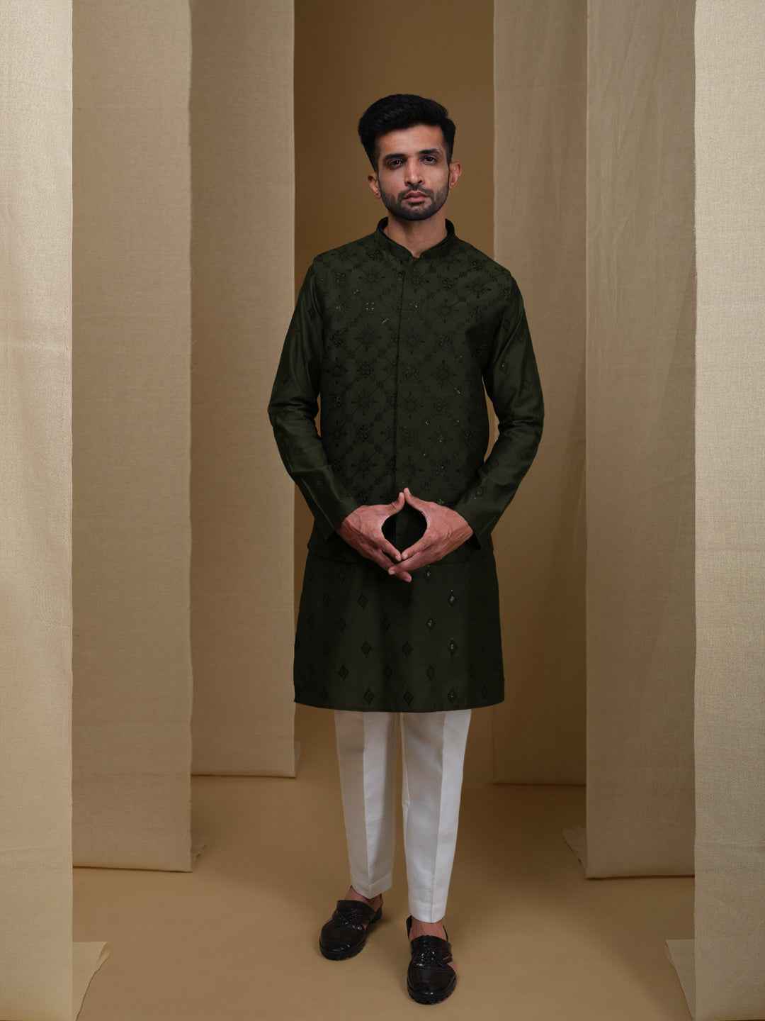 Aespen Olive Lurex Cotton Kurta Jacket Set For Men With Thread And Sequins Embroidery - Aespenfashion.com
