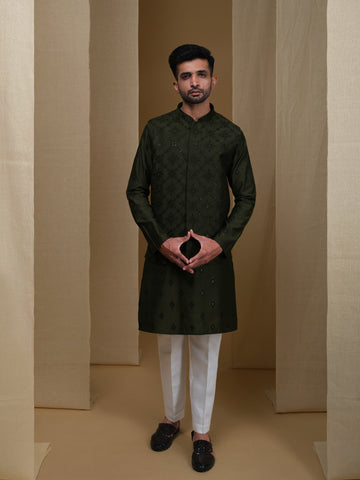Aespen Olive Lurex Cotton Kurta Jacket Set For Men With Thread And Sequins Embroidery--aespenfashion.com-Aespen Fashion