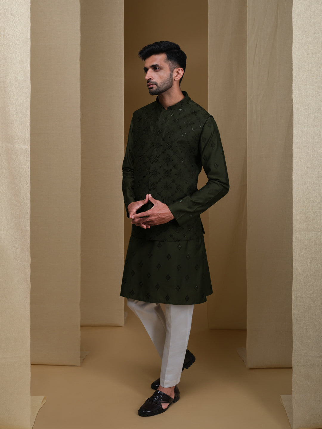 Aespen Olive Lurex Cotton Kurta Jacket Set For Men With Thread And Sequins Embroidery - Aespenfashion.com