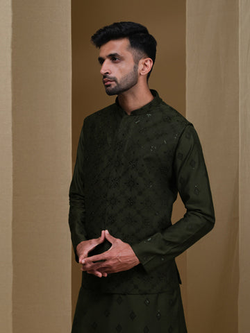 Aespen Olive Lurex Cotton Kurta Jacket Set For Men With Thread And Sequins Embroidery - Aespenfashion.com