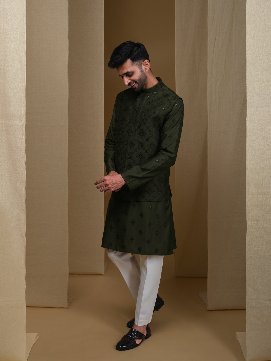 Aespen Olive Lurex Cotton Kurta Jacket Set For Men With Thread And Sequins Embroidery - Aespenfashion.com