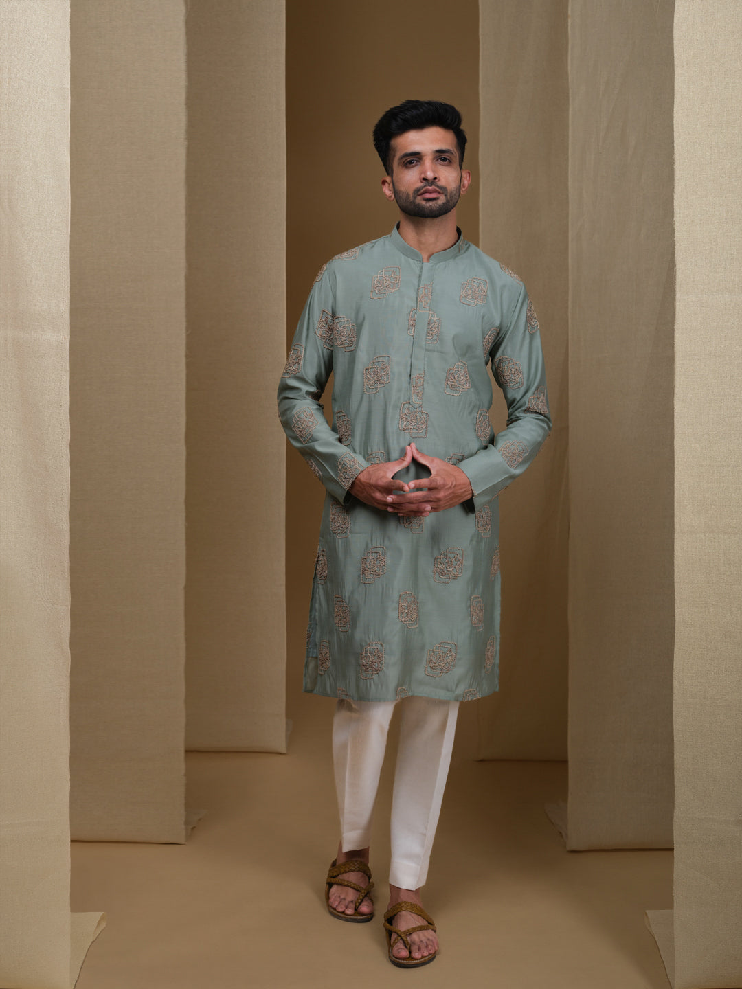 Aespen Sage Green Cotton Silk Kurta For Men With Floral Embroidered Pattern--aespenfashion.com-Aespen Fashion