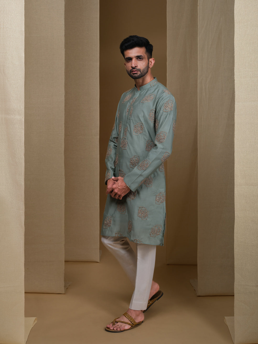Aespen Sage Green Cotton Silk Kurta For Men With Floral Embroidered Pattern--aespenfashion.com-Aespen Fashion
