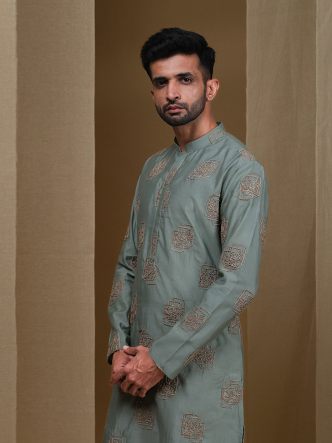 Aespen Sage Green Cotton Silk Kurta For Men With Floral Embroidered Pattern--aespenfashion.com-Aespen Fashion