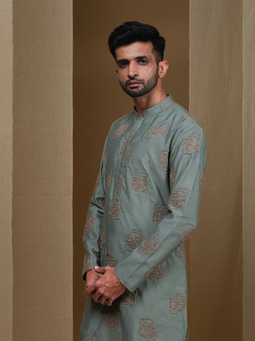 Aespen Sage Green Cotton Silk Kurta For Men With Floral Embroidered Pattern--aespenfashion.com-Aespen Fashion