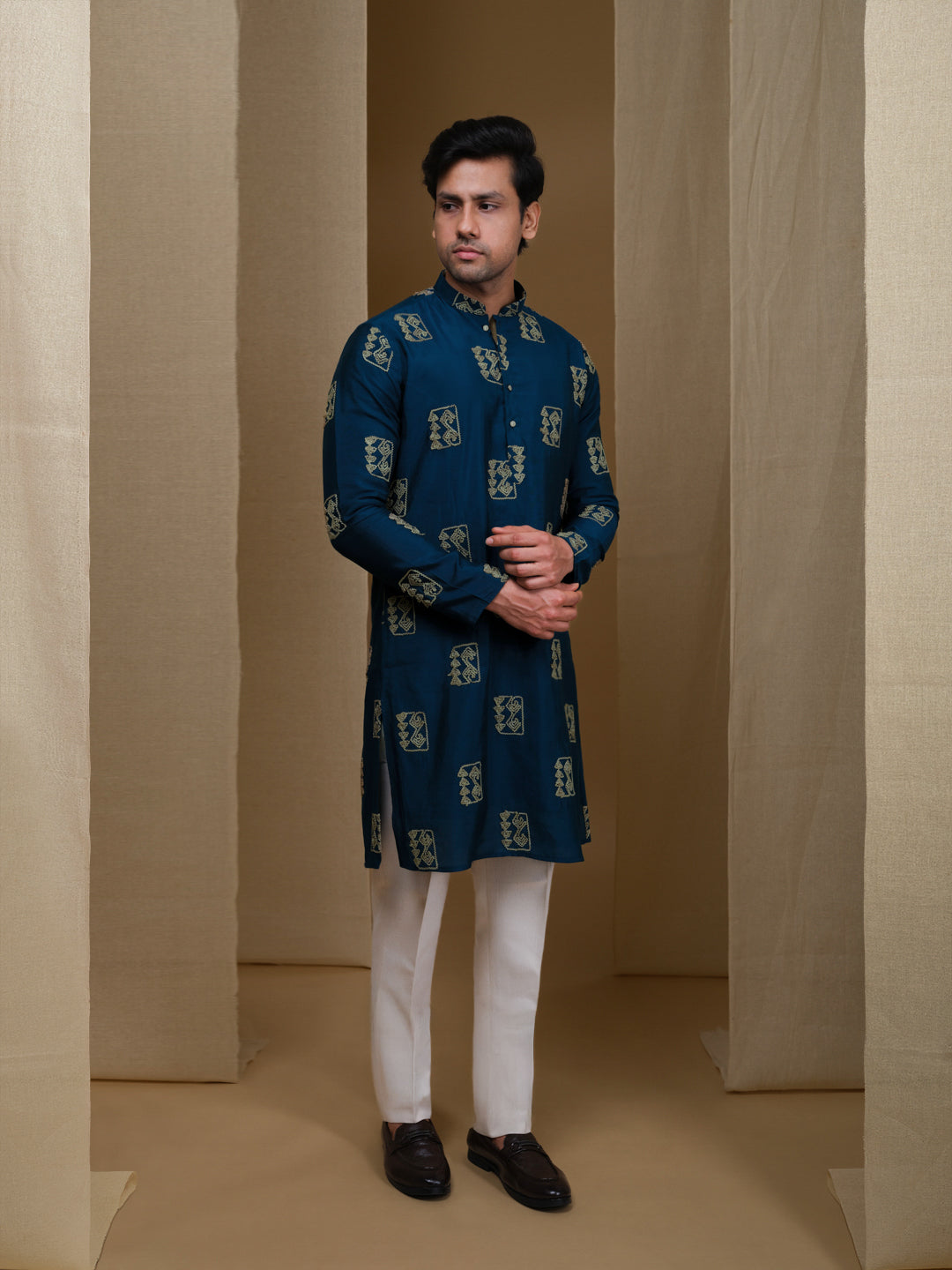 Aespen Teal Blue Cotton Silk Kurta For Men With Goemetric Embroidered Pattern--aespenfashion.com-Aespen Fashion