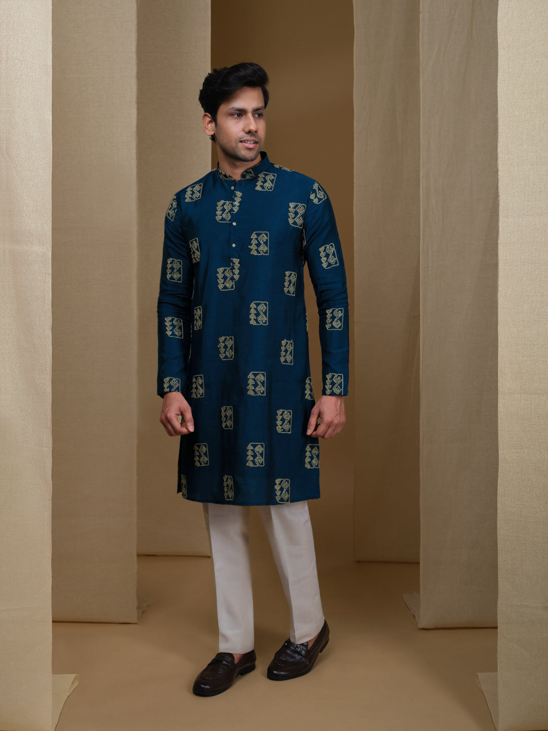 Aespen Teal Blue Cotton Silk Kurta For Men With Goemetric Embroidered Pattern--aespenfashion.com-Aespen Fashion